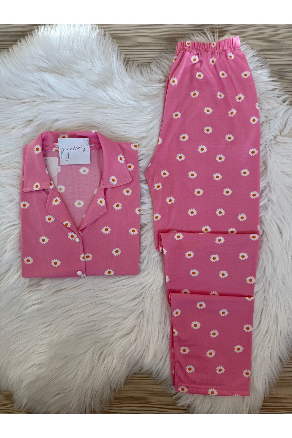 Pijamacs Pembe Papatya Desenli Kısa Kol Milan Pijama Takımı