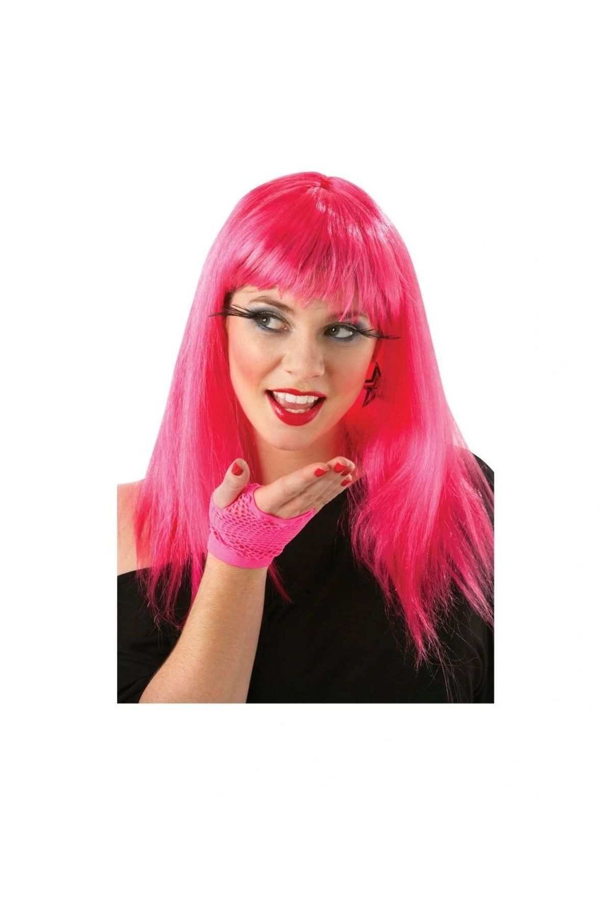 OurStyles Şeker Pembesi Koyu Pembe Renk Uzun Düz Parti Peruğu