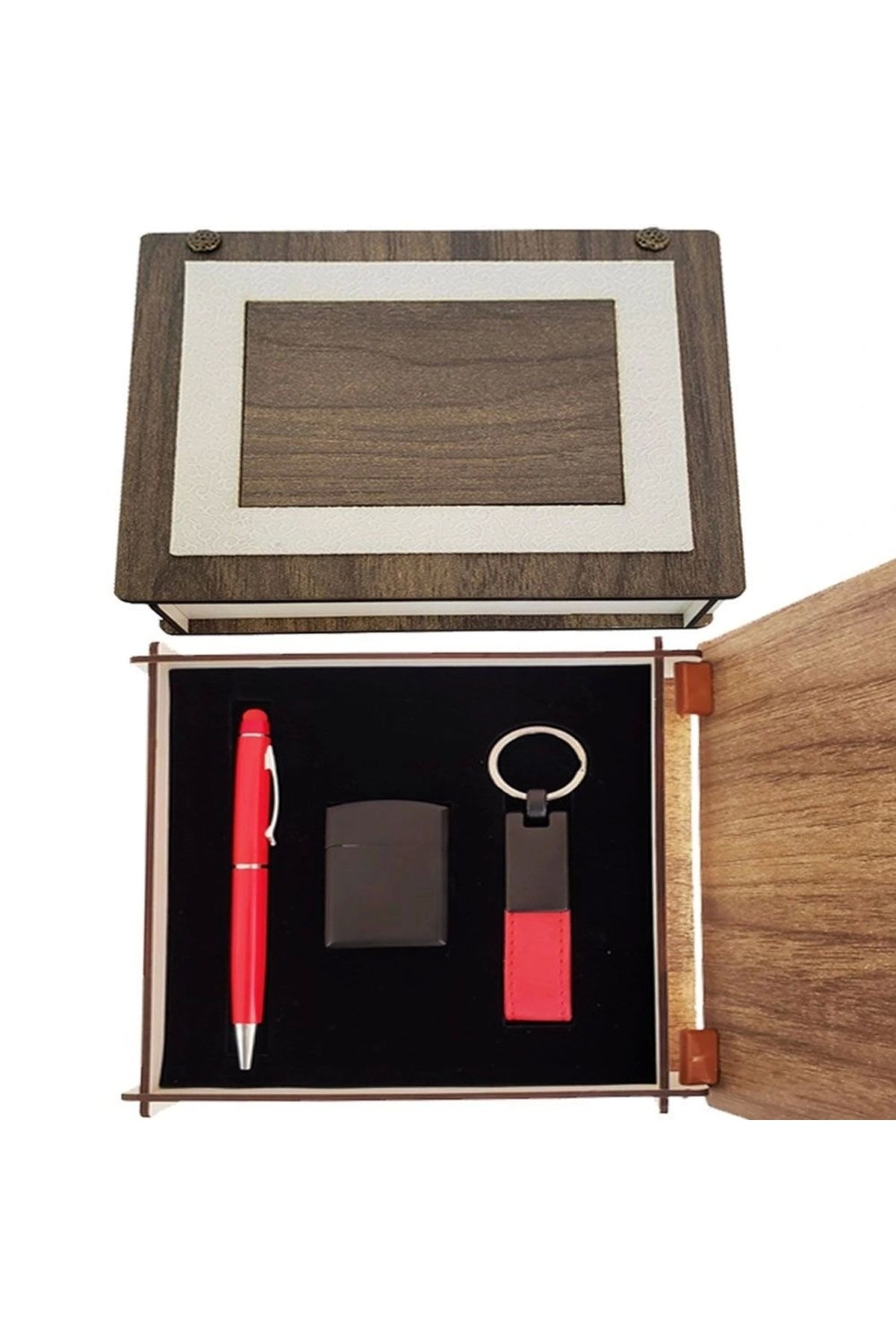 OurStyles Özel Ahşap Kutulu Kırmızı Kalem Anahtarlık ve Çakmak Set