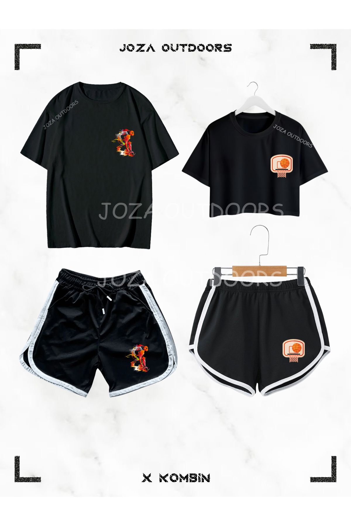 Joza Outdoors Kadın Erkek Basket Topu Basket Potası Baskılı Sevgili Çift Kombini Oversize Tshirt Şort 4lü Set