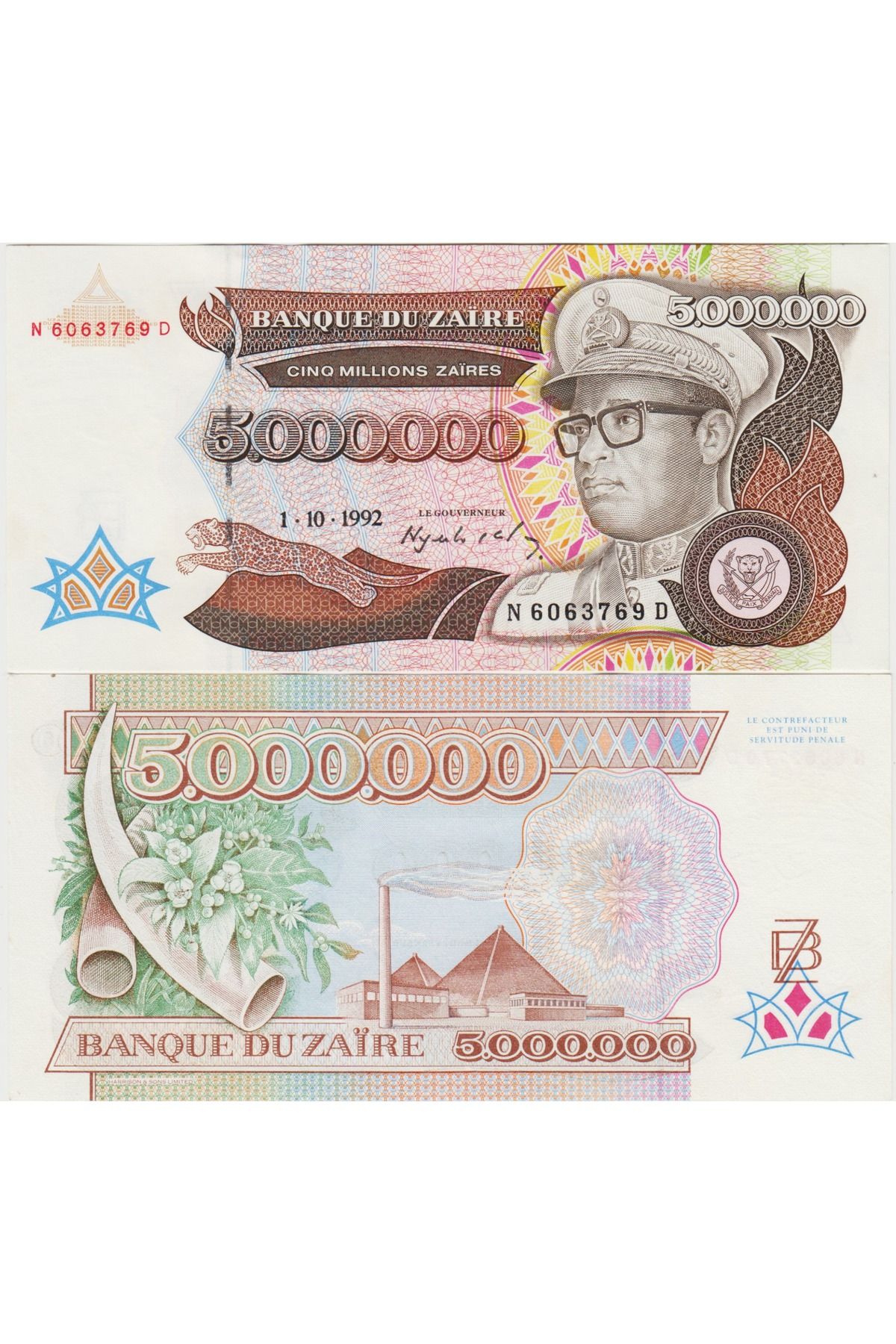 Banknoting Zai̇re 5.000.000 Zai̇re 1992 Çi̇l Kondi̇syon.