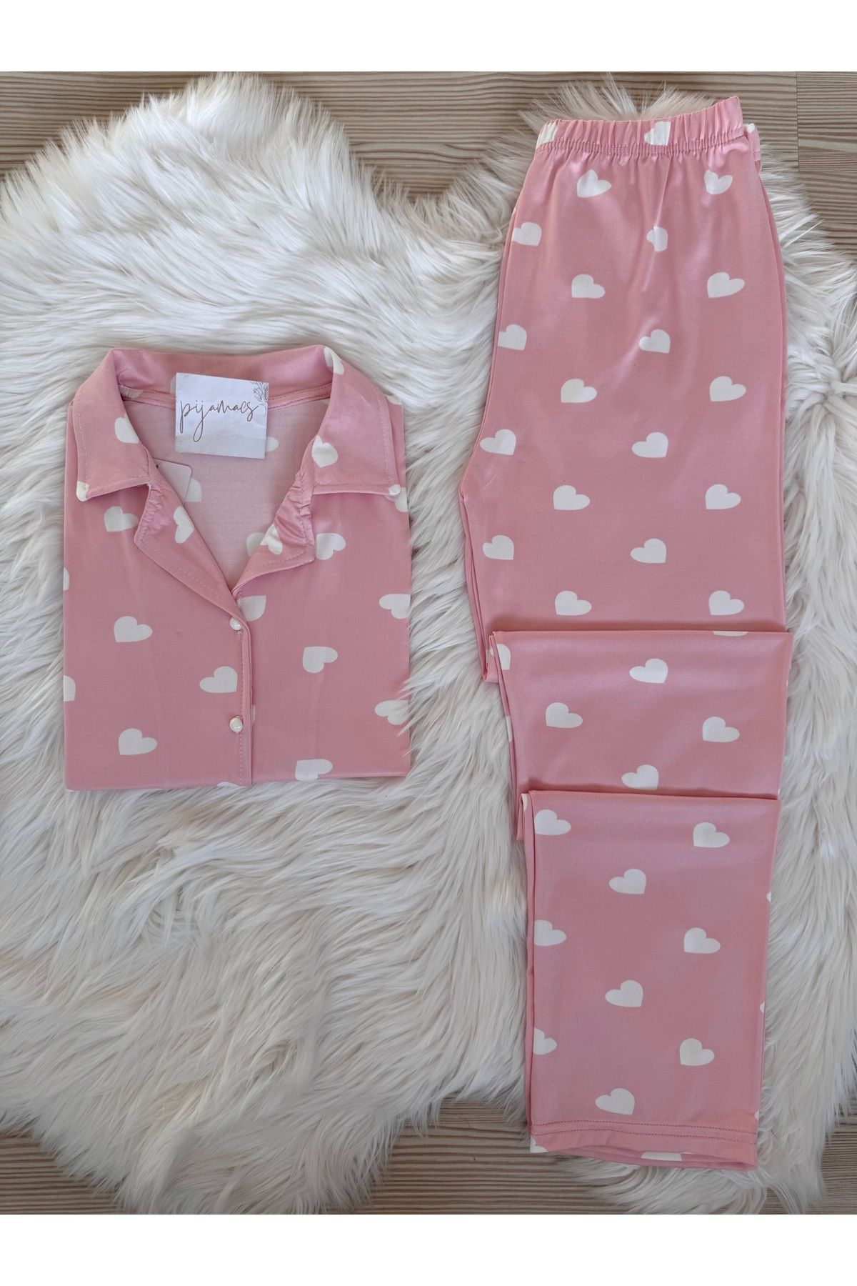 Pijamacs Pembe Kalp Desenli Kısa Kol Milan Pijama Takımı
