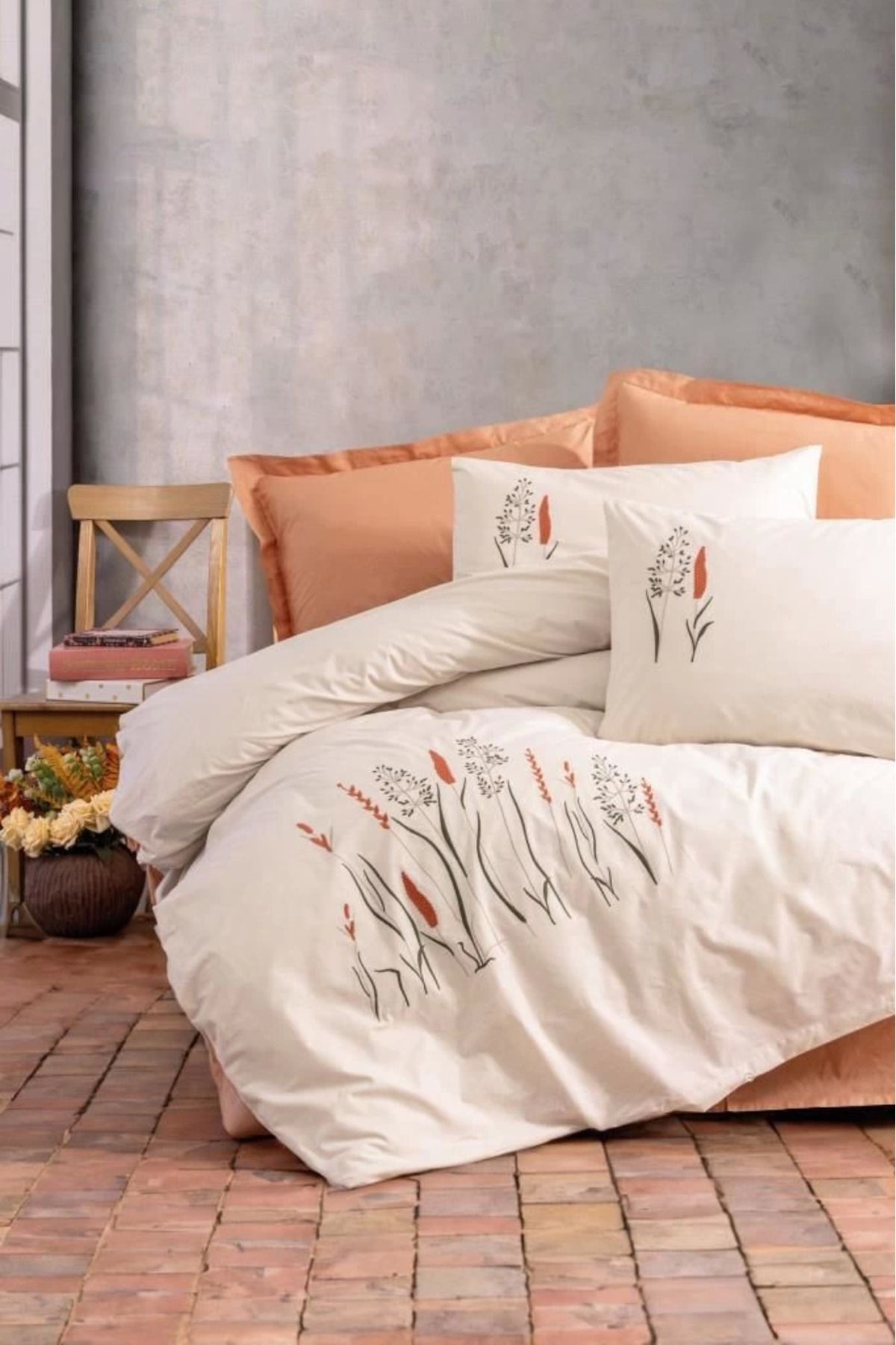 MT29 GİYİM Cotton Box Brode Ranforce Çift Kişilik Nevresim Takımı Maia Karamel