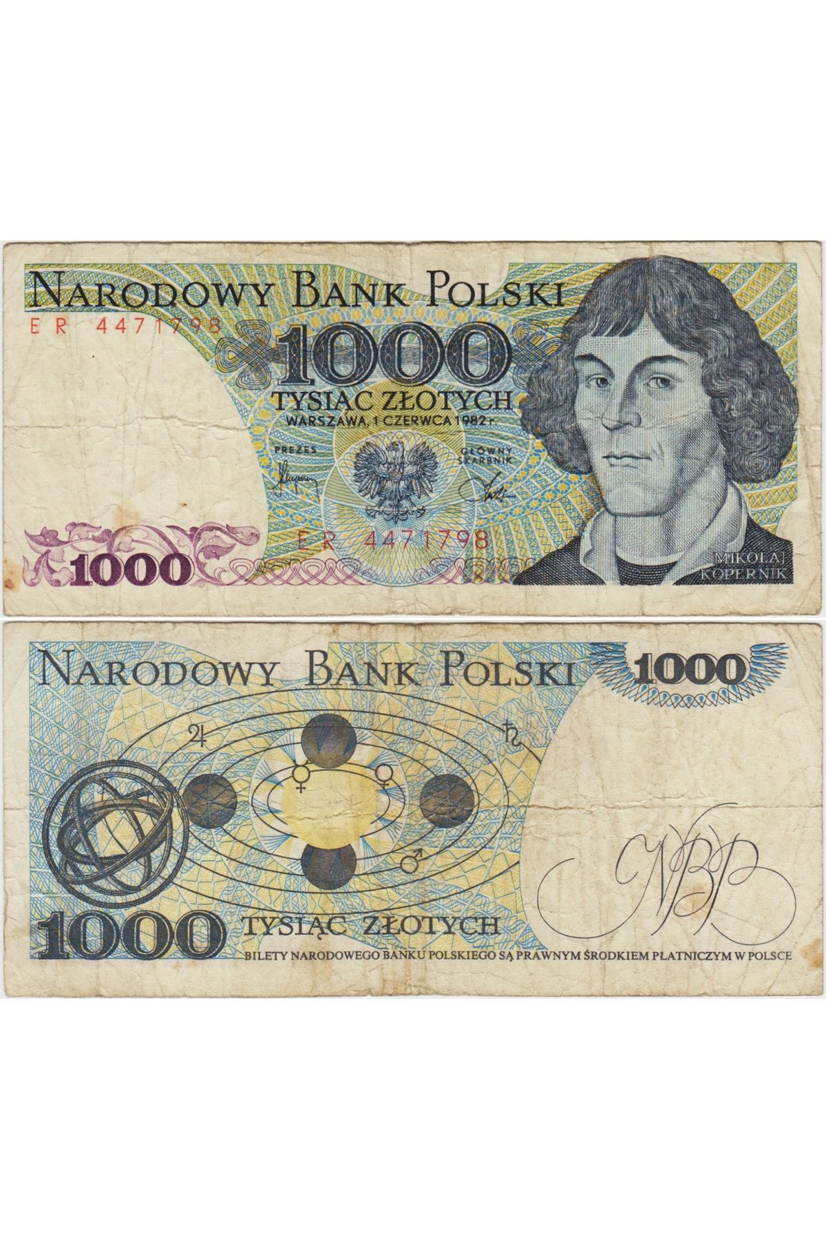 Banknoting POLONYA 1000 ZLOTY 1982. NİKOLA KOPERNİK TEMALI. TEMİZ KONDİSYON.