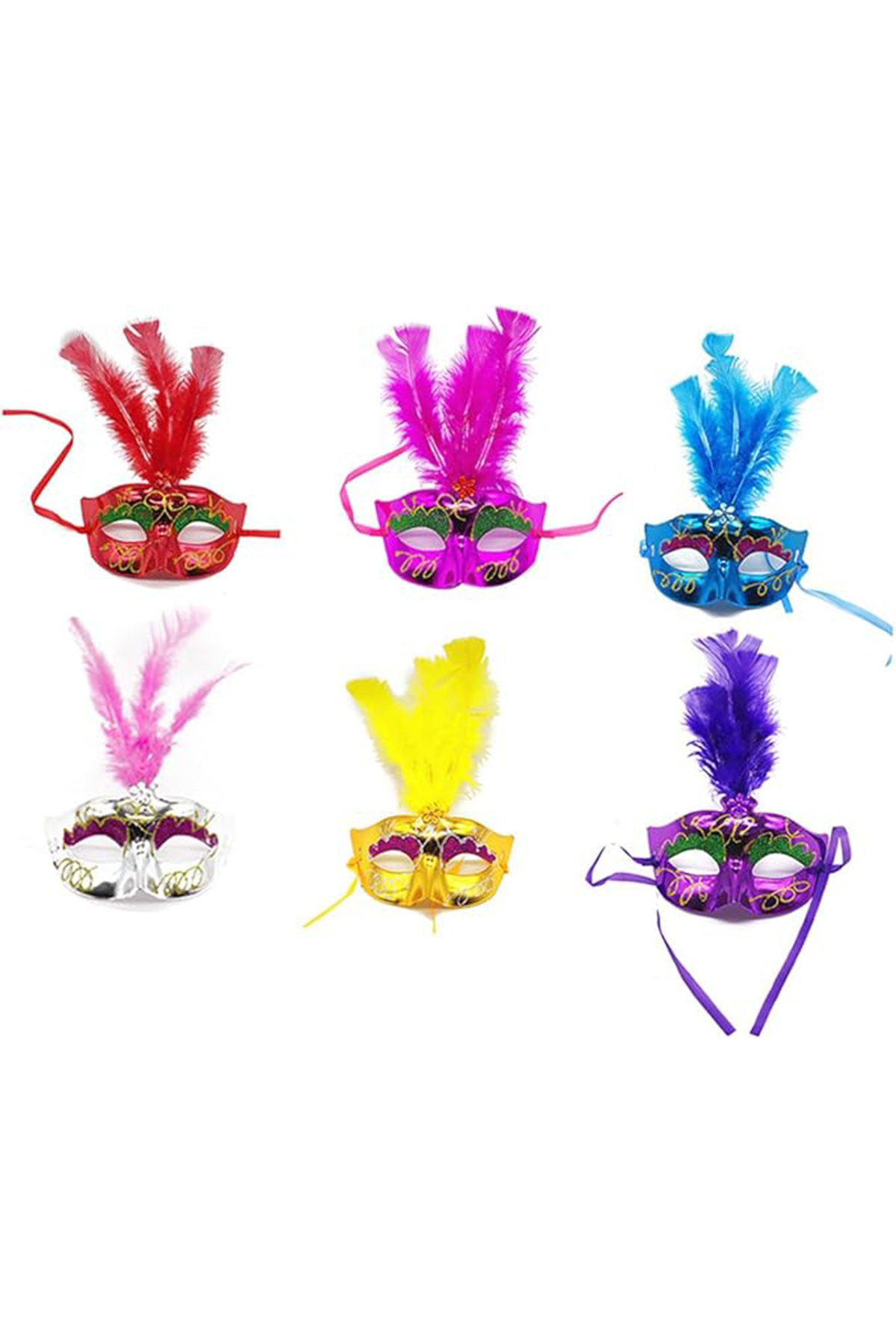 Genel Markalar Renkli Tüylü Venedik Parti Maskesi Karışık Renk 12 Adet