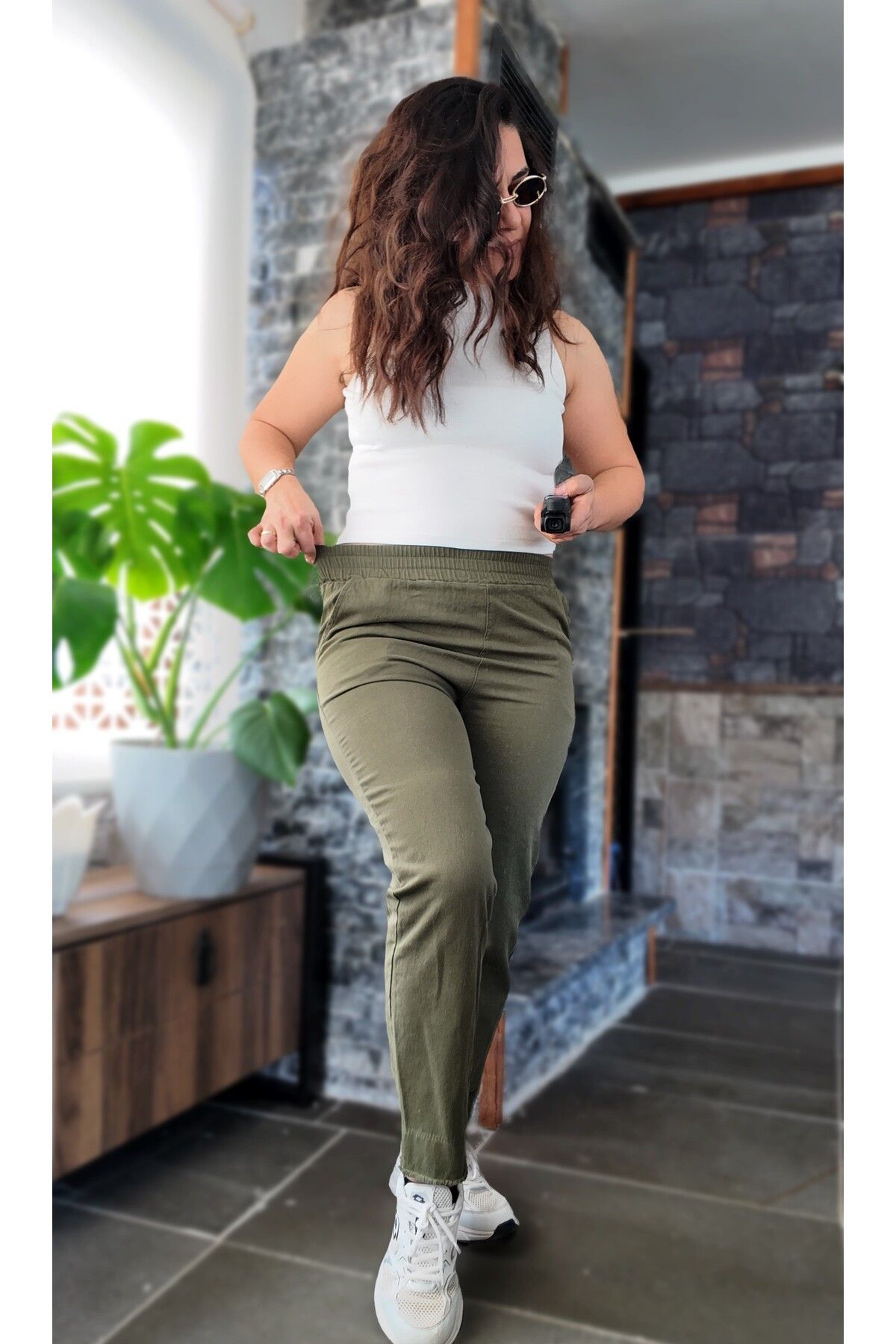 Moudry Clothing Kadın Haki Pantolon Gabardin Rahat Püskül Paça Pantolon