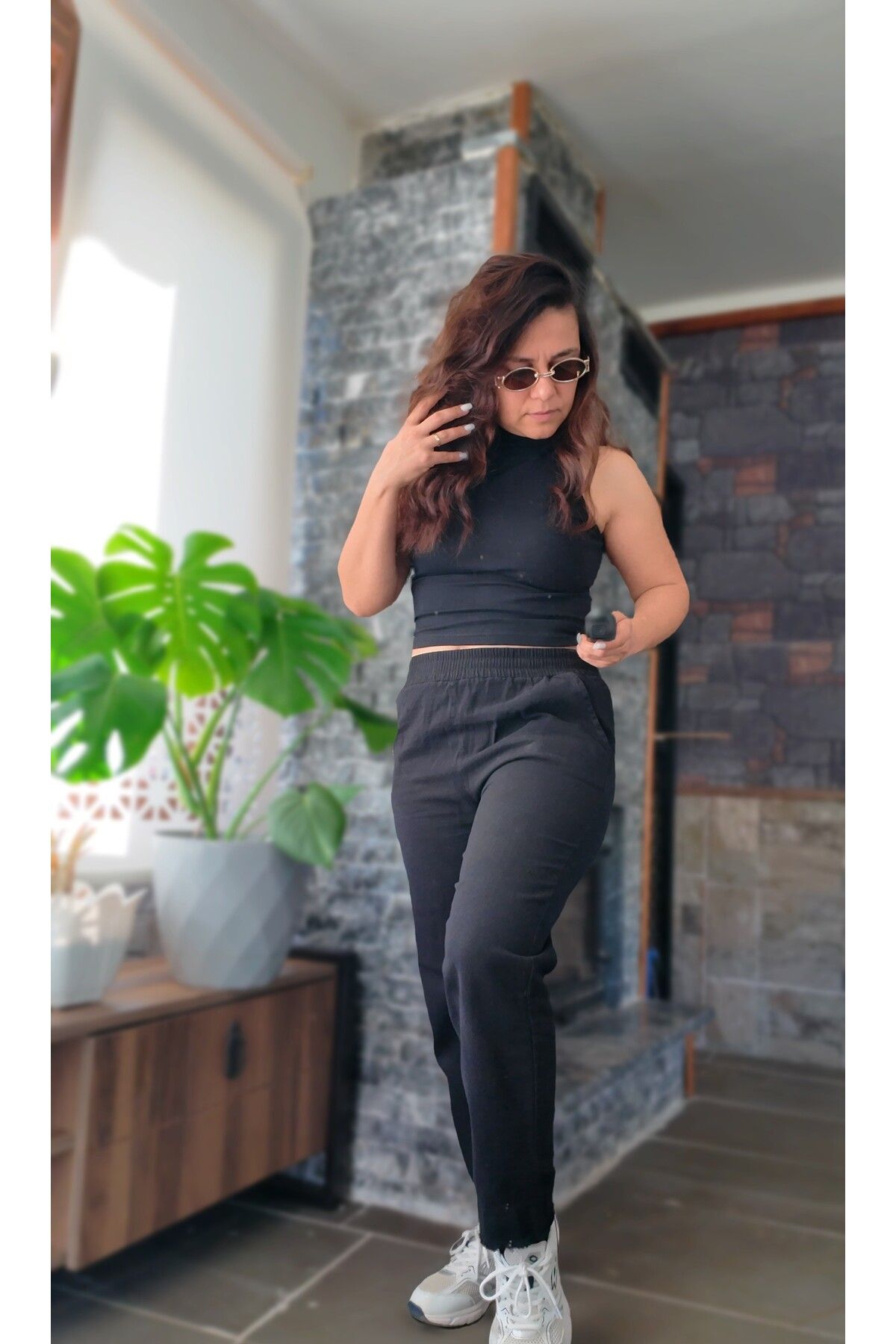 Moudry Clothing Kadın Siyah Pantolon Gabardin Rahat Püskül Paça Pantolon