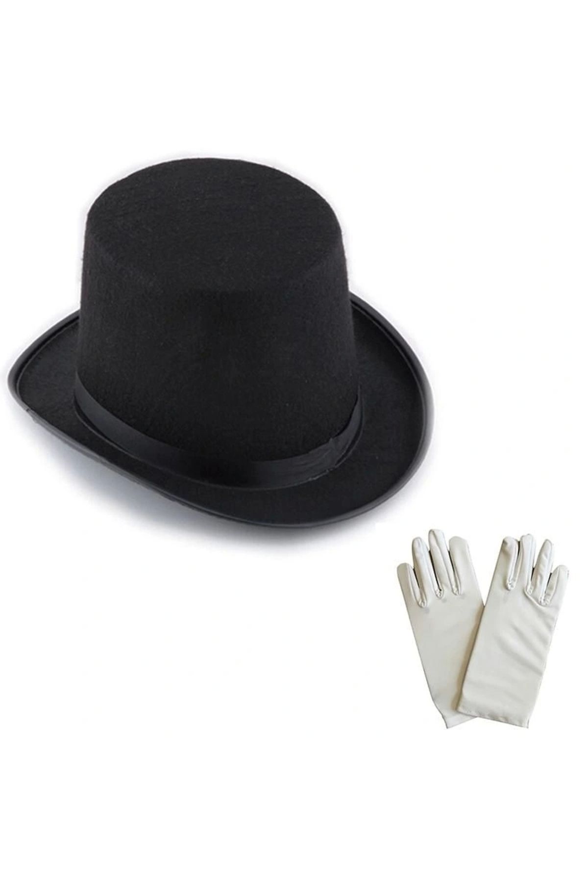 OurStyles Siyah Sihirbaz Fötr Şapka 15 cm - 1 Çift Beyaz Sihirbaz Eldiveni - Yetişkin Boy