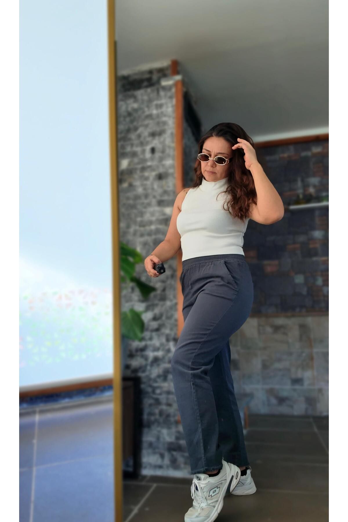 Moudry Clothing Kadın Antrasit/Gri Pantolon Gabardin Rahat Püskül Paça Pantolon