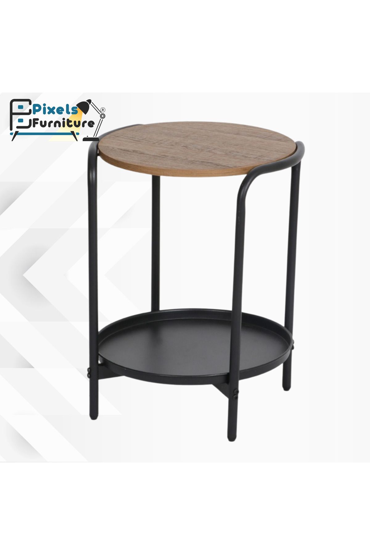 PixelsFurniture-Set of 2 Round Side Tables 2 Tiers by Pixel Furniture for Coffee with Wood Top, Bottom Shelf and Metal Ends 3