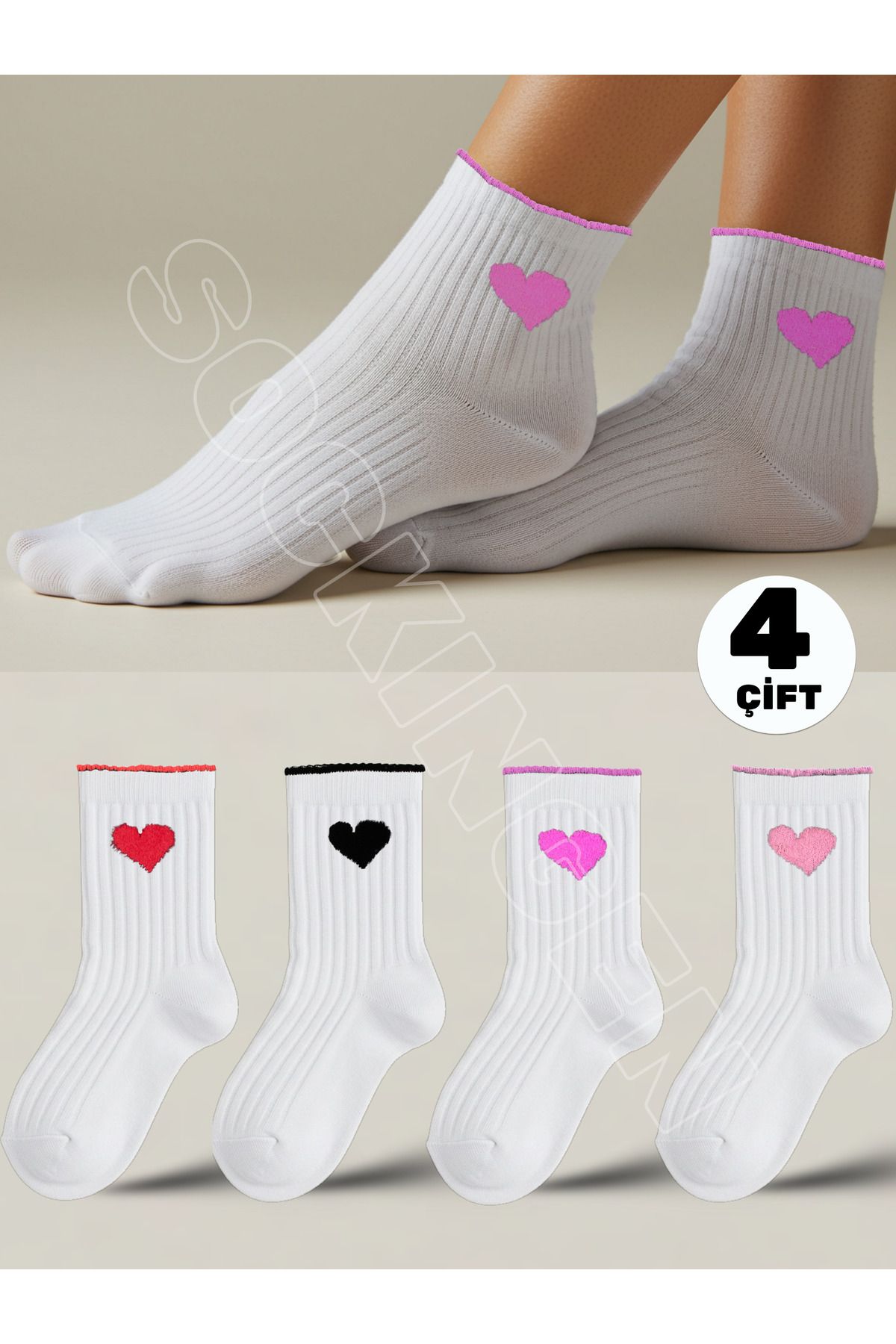 Sockingen 4 Çift Kadın Kalpli Kolej Çorap - Fitilli ve Puantiyeli