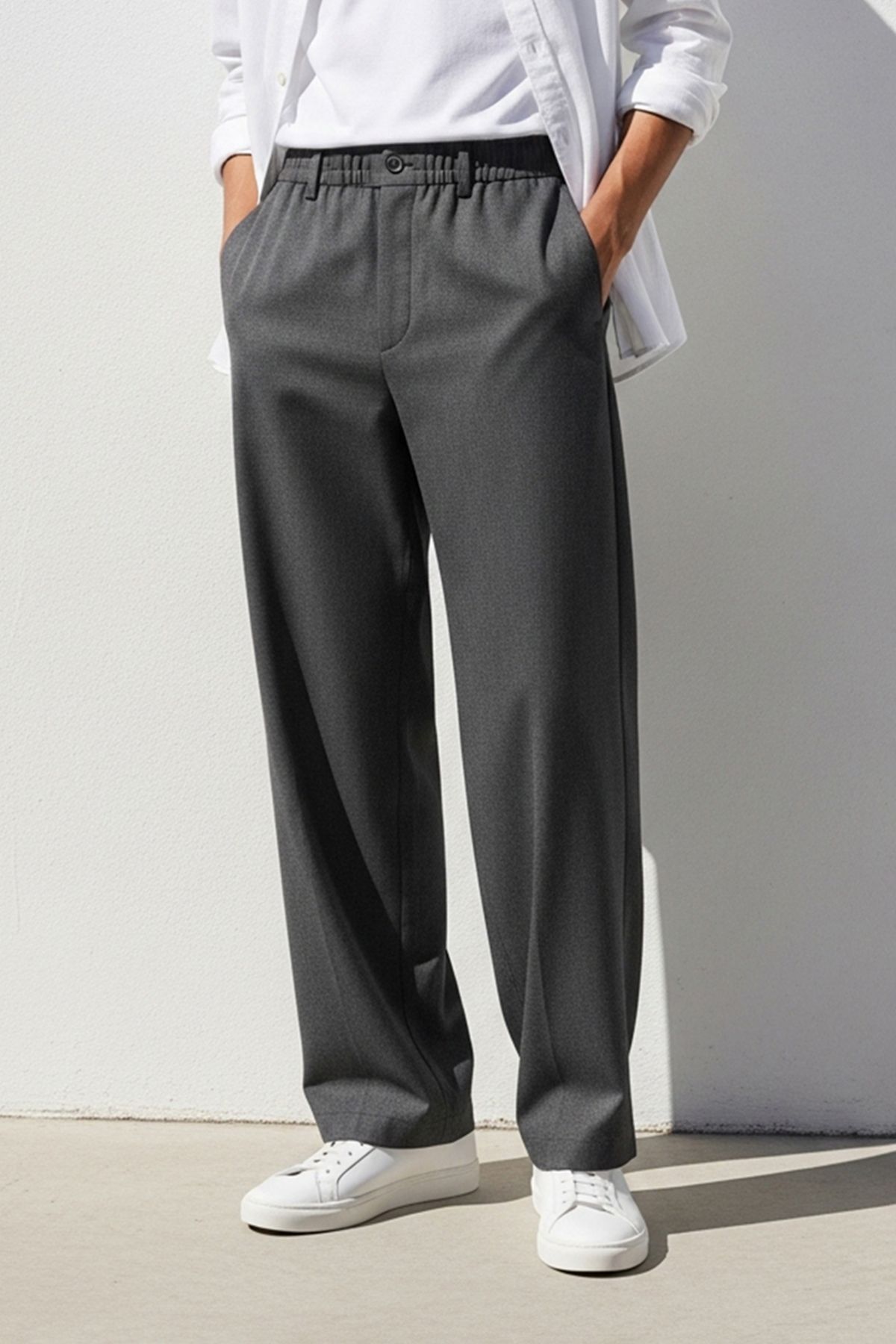 Trendyol Collection Jasnoszare Szerokie Spodnie Z Materiału Baggy O Luźnych Nogawkach Mężczyzna - 46