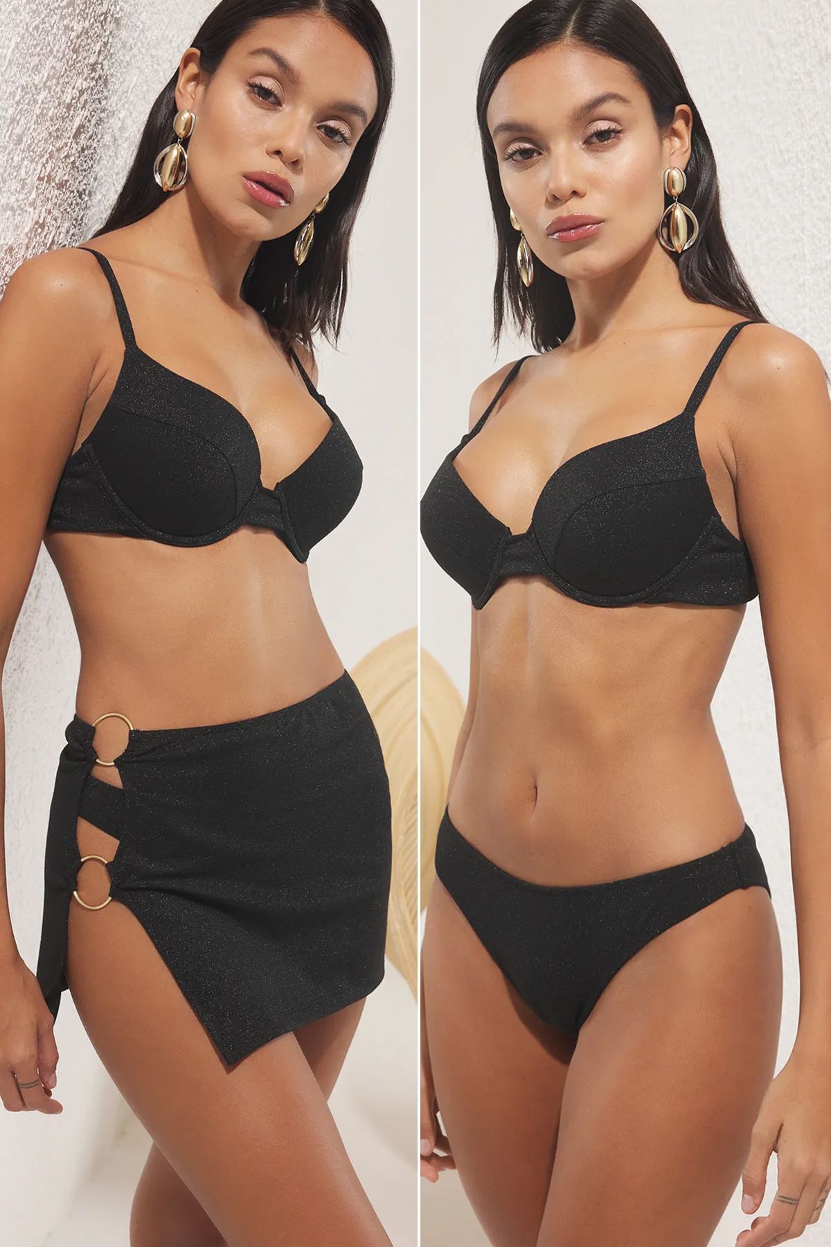 Trendyol Collection Fekete csillogó balconette kiegészítő részletes Parelolu 3 részes bikini szett TBESS25BT00190