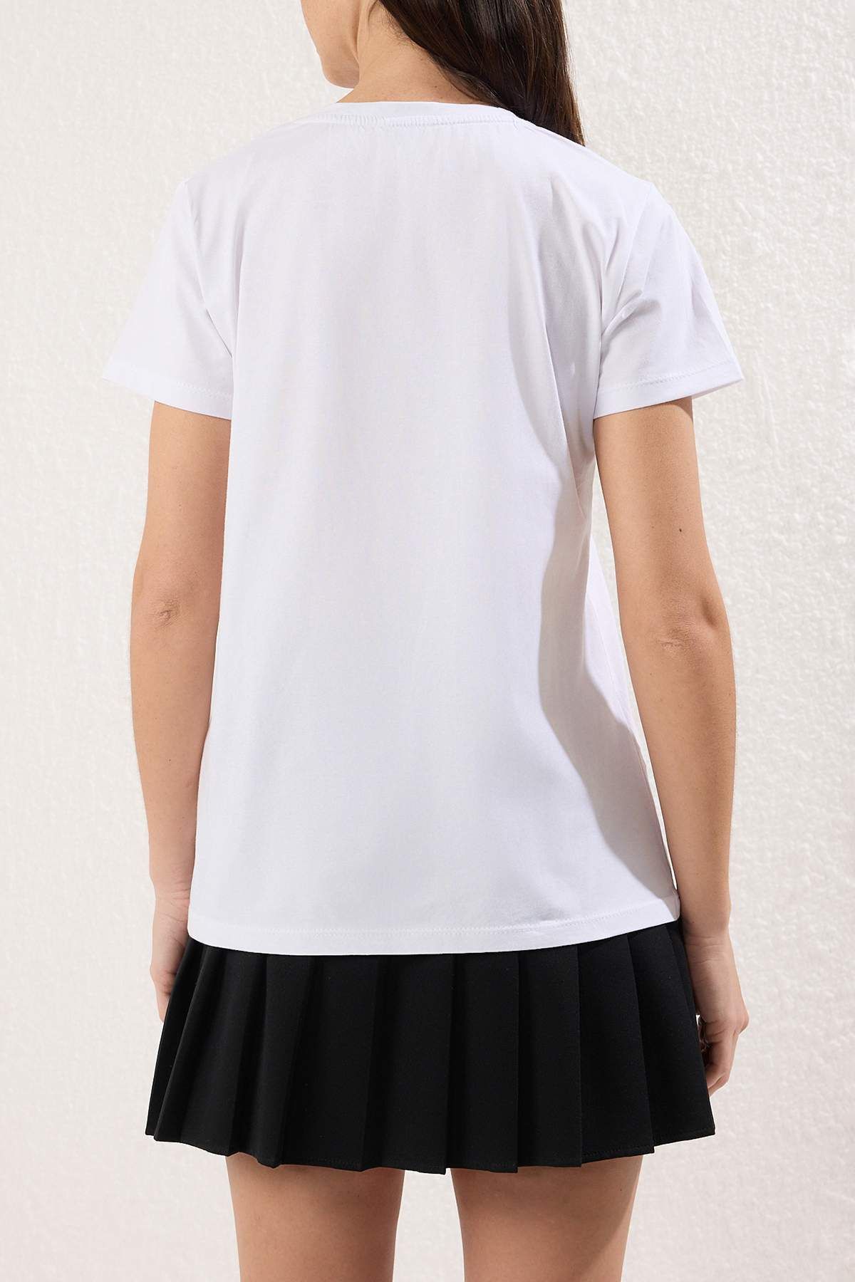 Edit by Trendyol-White 100% Cotton Sequins Regular Knitted T-Shirt Tedss25Ts00000 4
