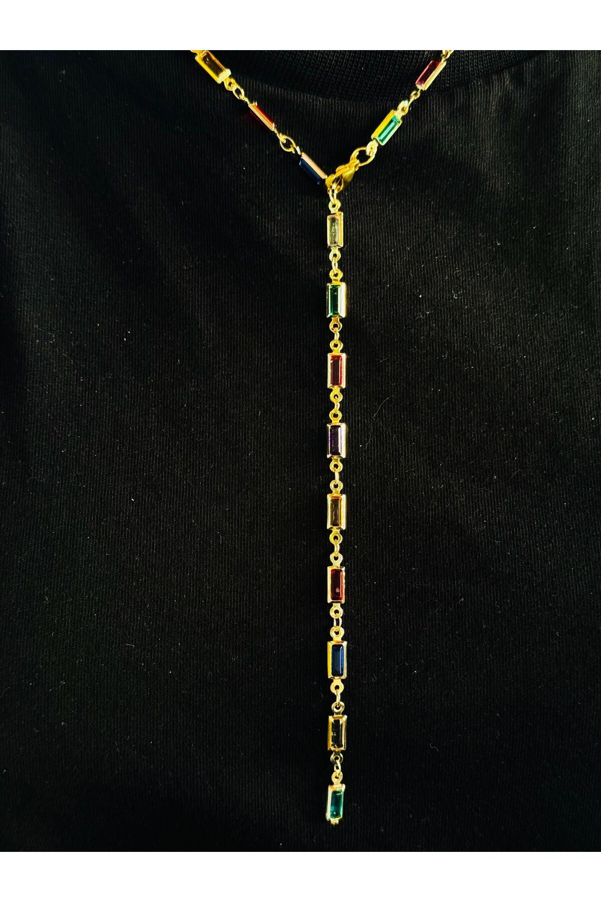 Daynav 60 Cm Renkli Taşlı Tasarım Altın Y Kolye