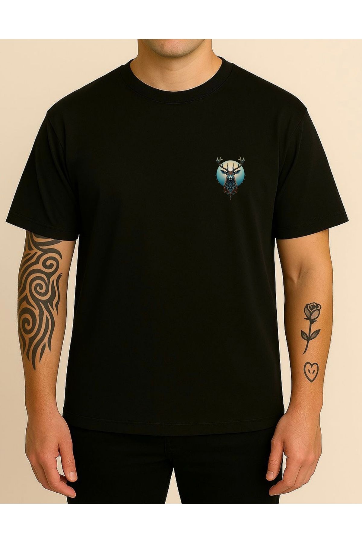 Boonvibe Dijital Geyik Baskılı Rahat Kalıp Siyah Pamuklu T-Shirt