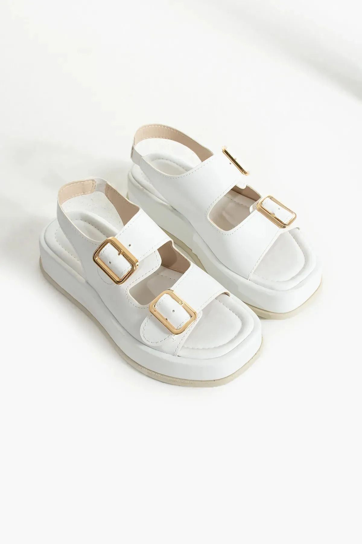moun shoes Kadın Beyaz Çift Tokalı Ortopedik Taban Günlük Sandalet