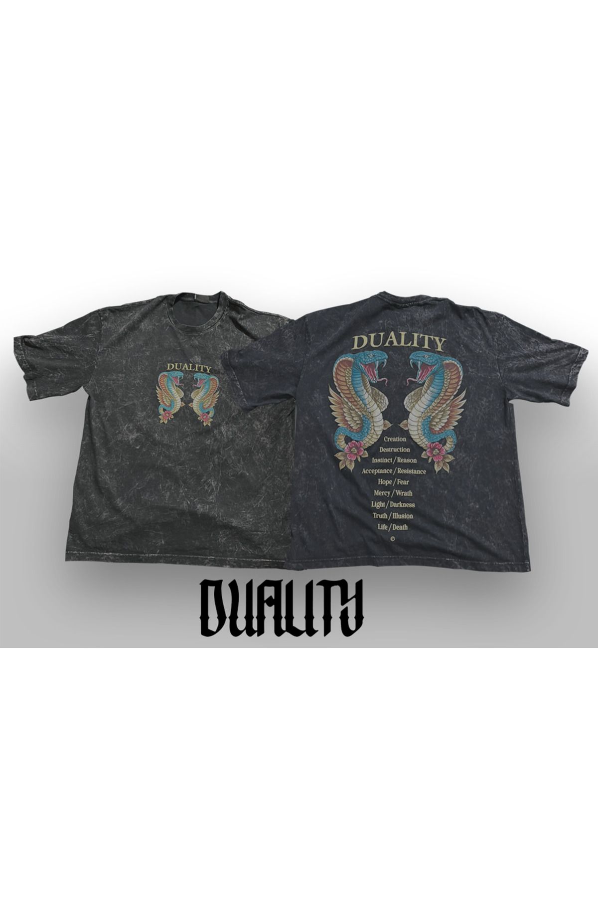 blowup clothing Duality Kabartma Ön ve Arka Yılan Baskılı Yıkamalı Siyah Tişört