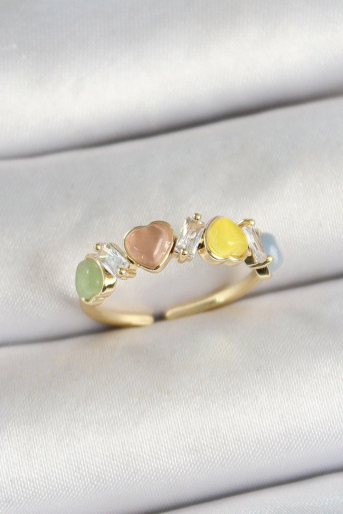 GLIMMERY Pirinç Sıralı Kalp Figürlü Zirkon Taşlı Gold Renk Ayarlanabilir Kadın Yüzük