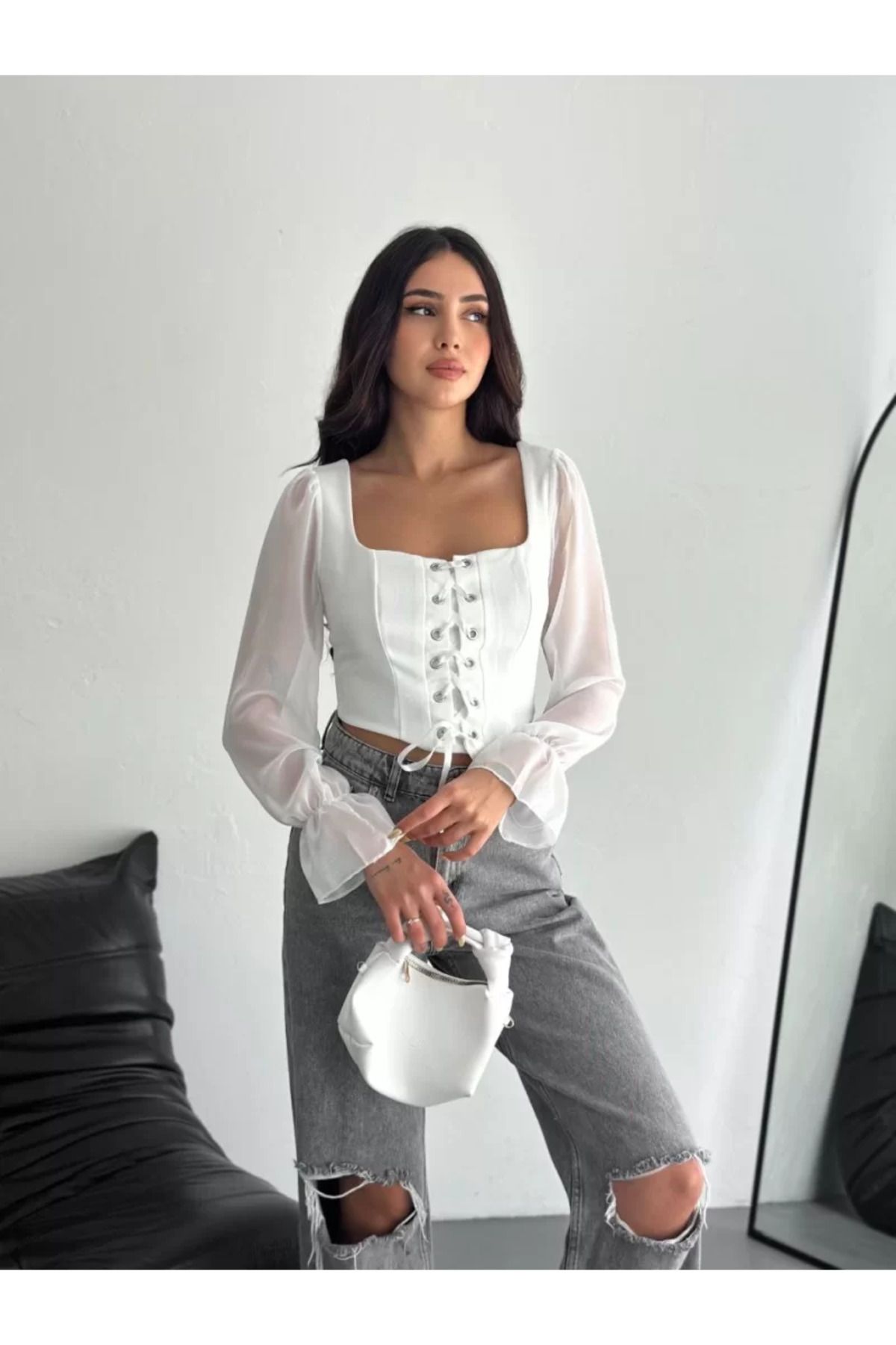 Flaubert /Sırt Dekolteli Bağacıklı Uzun Kollu Bluz-Sırtta Büzgülü Lastik Deyalı