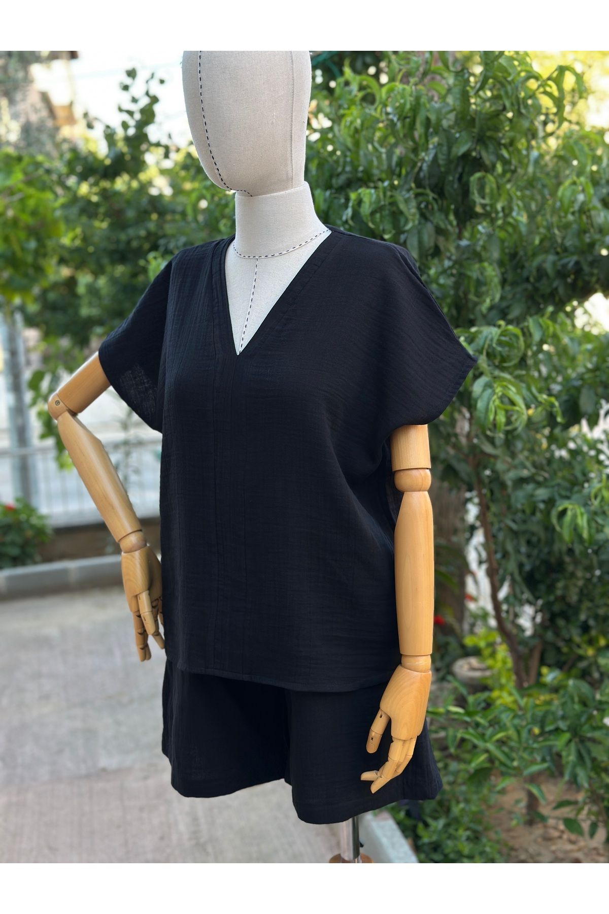 Paseam Atelier Kadın Siyah Müslin Kumaş Bluz Ve Şort Takımı