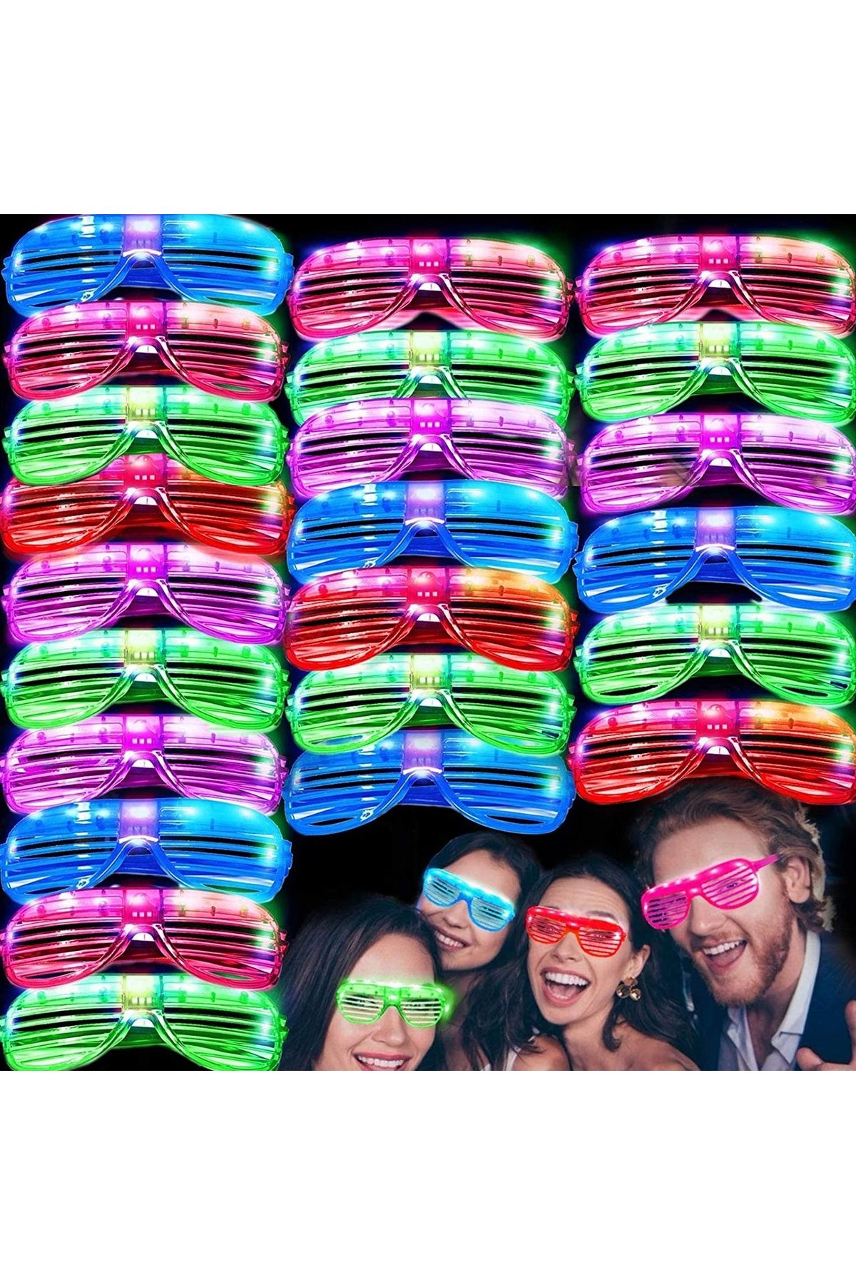 OurStyles Led Işıklı Pilli Panjur Şekilli Rengarenk Yanıp Sönen Lüks Parti Gözlüğü Karışık 12 Adet