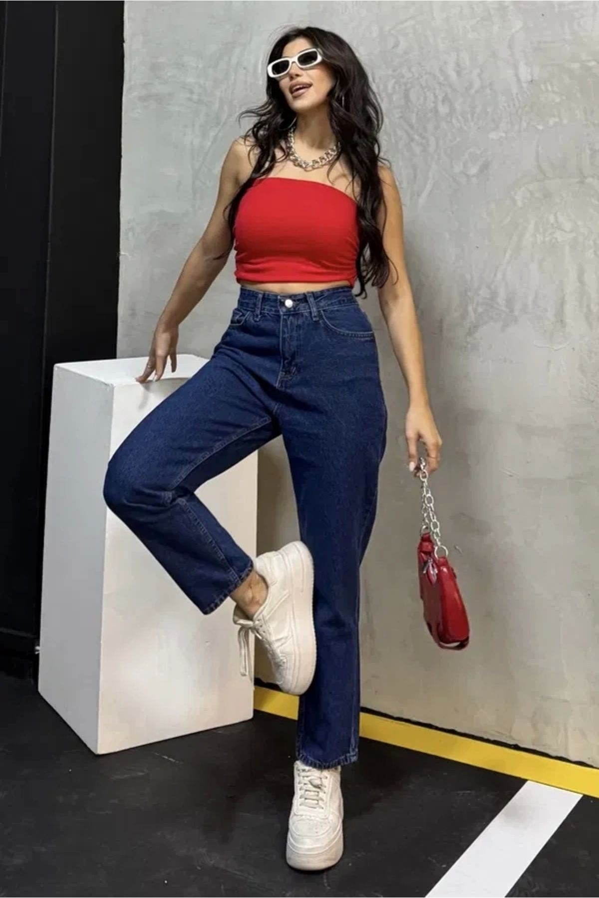 No8 Home Düz Orta Kadın Mavi Slim Fit Mom pantolon