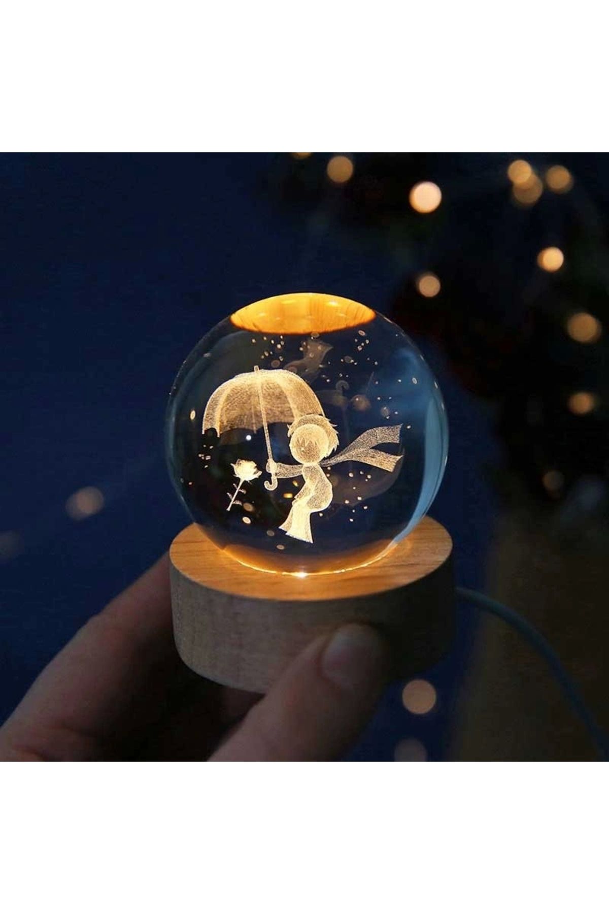 OurStyles Dekoratif Küçük Prens Tasarımlı Ahşap Altlıklı Işıklı Cam Küre Cam:6cm Ahşap:2cm