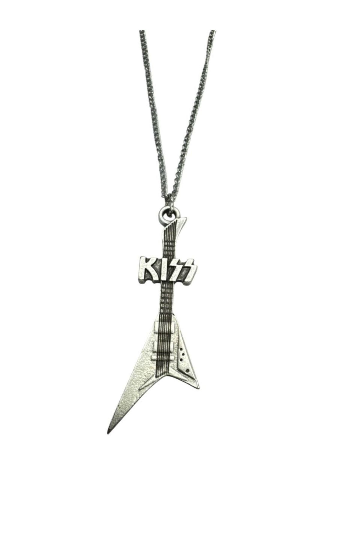 Herşey Nota KISS Rock Grubu Elektro Gitar Kolye – 60 cm Metal Glam Rock & Hard Rock Aksesuar