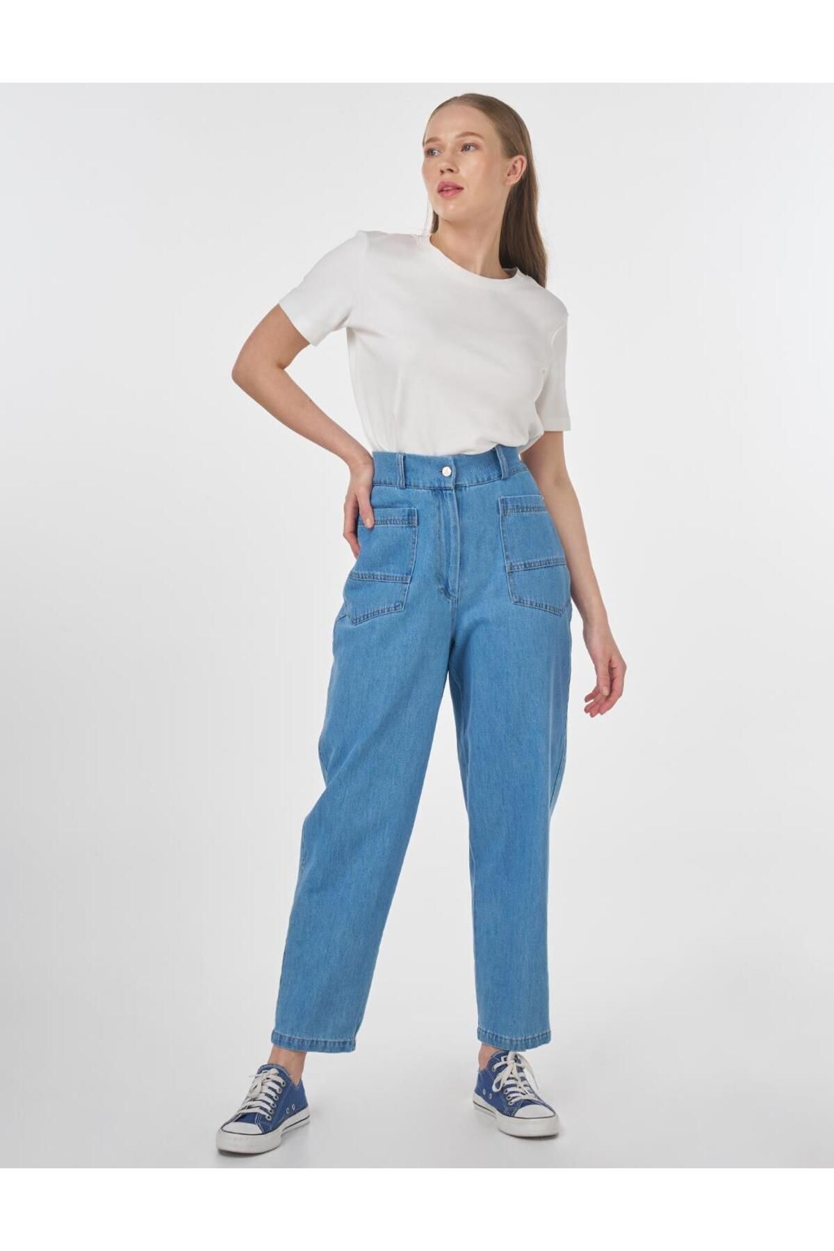 KYR Yüksek Bel Düğmeli Denim Pantolon Buz Mavisi