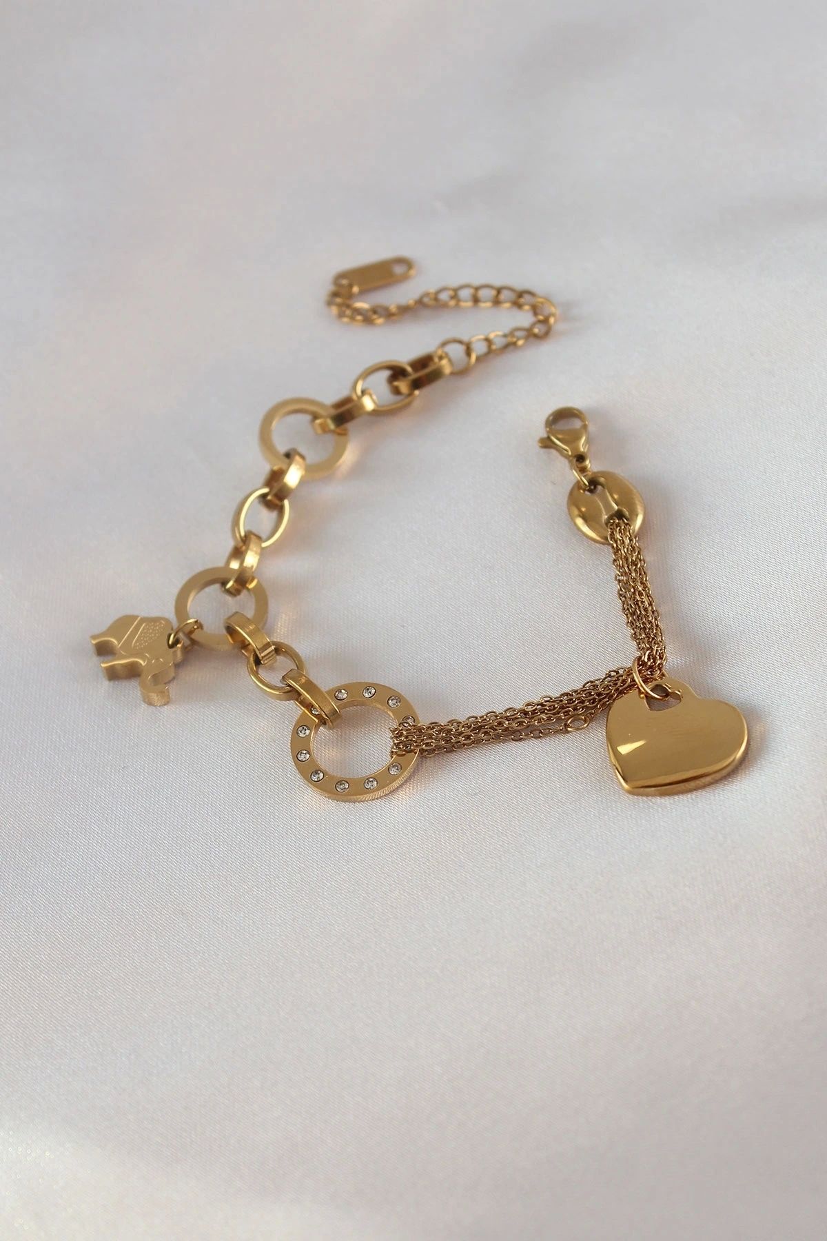 OurStyles 316L Çelik Gold Renk 2'li Zincir Model Zirkon Taş Detay Kadın Bileklik - TJ-BB5457