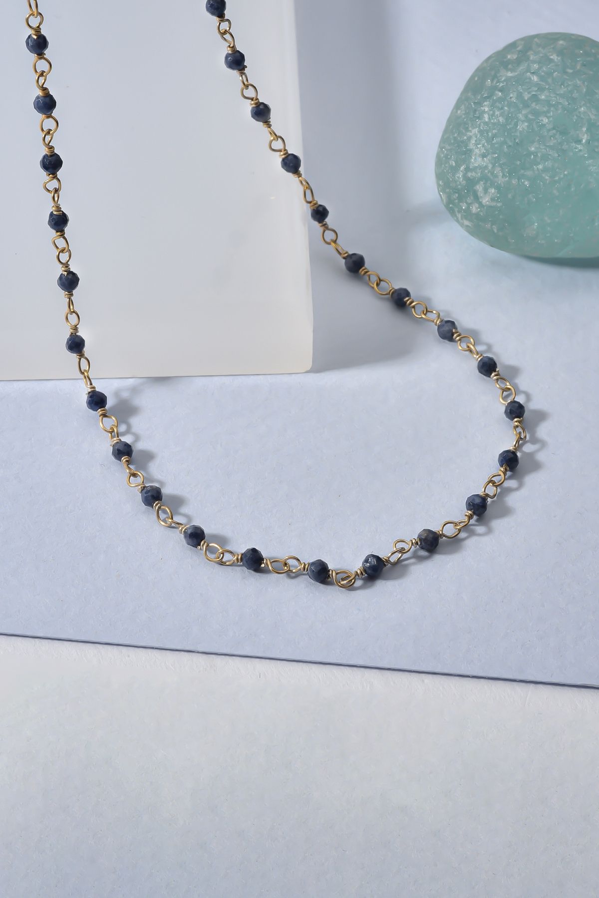Nox Jewelry 14 Ayar Altın Kaplama Safir Doğal Taş El Yapımı Gümüş Kolye - CNS00626