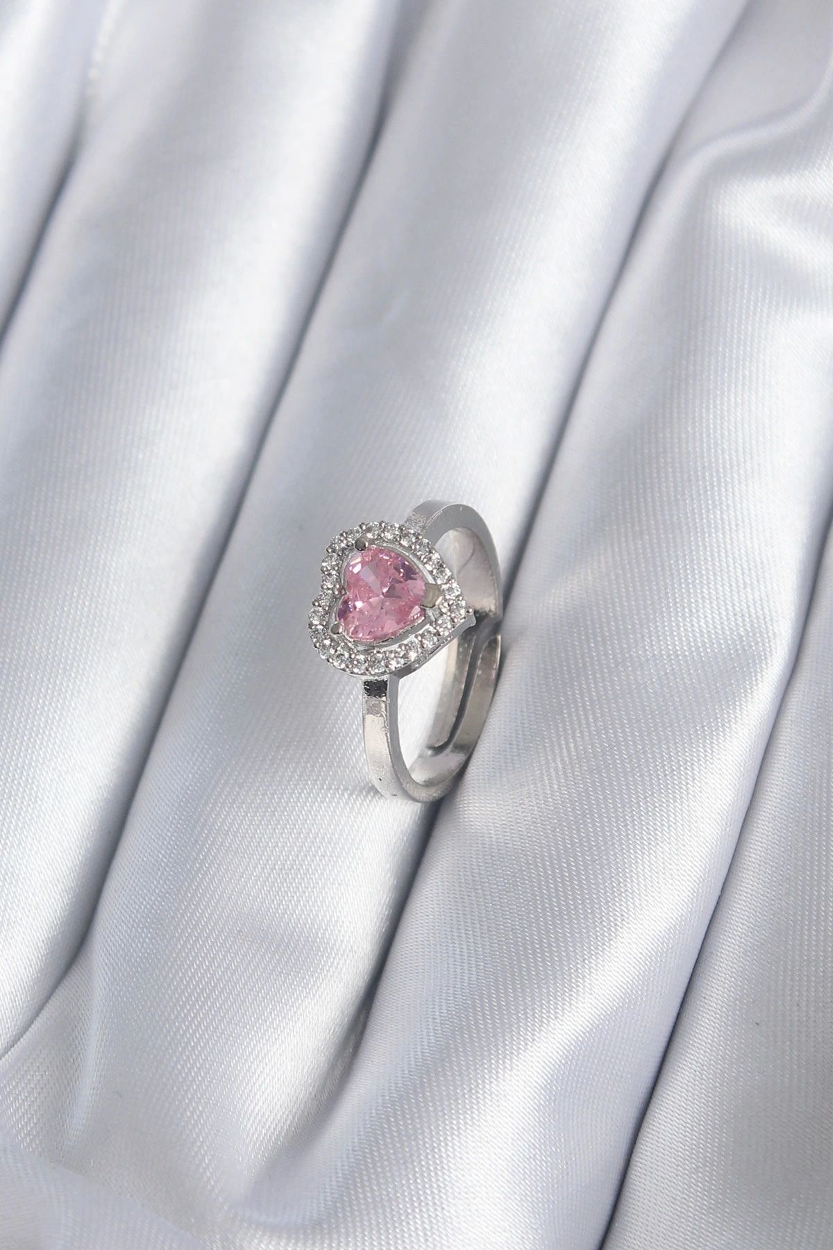OurStyles Pirinç Gümüş Renk Pembe Zirkon Taşlı Charm Model Kadın Yüzük - TJ-BYK2864