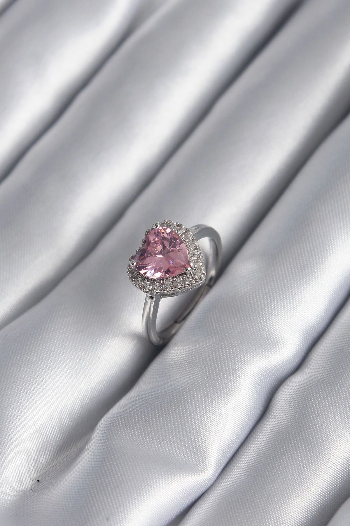 OurStyles Pirinç Gümüş Renk Pembe Zirkon Taş Kalp Charm Model Kadın Yüzük - TJ-BYK2954