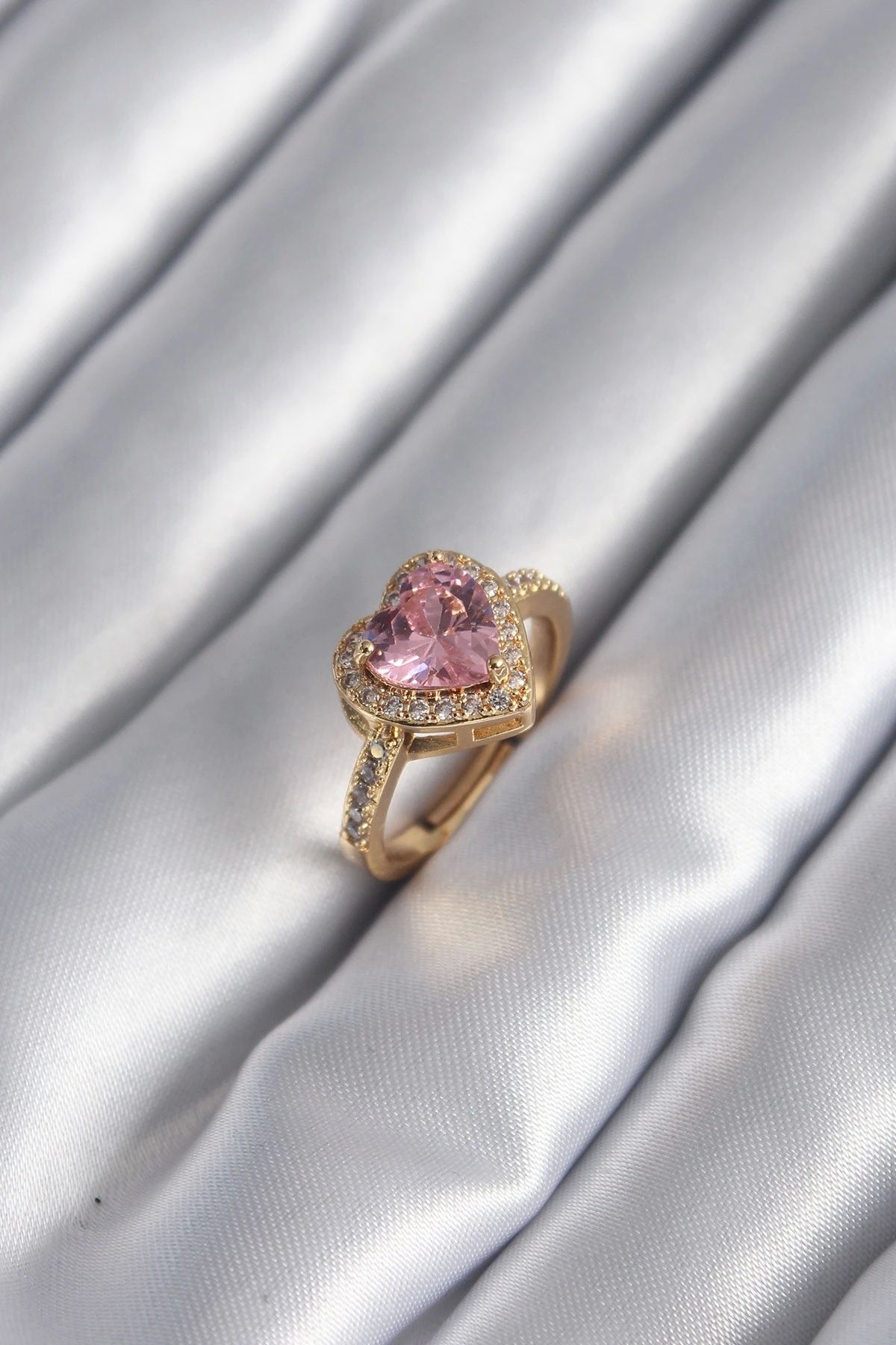 OurStyles Pirinç Gold Renk Pembe Zirkon Taşlı Charm Kalp Model Kadın Yüzük - TJ-BYK2951