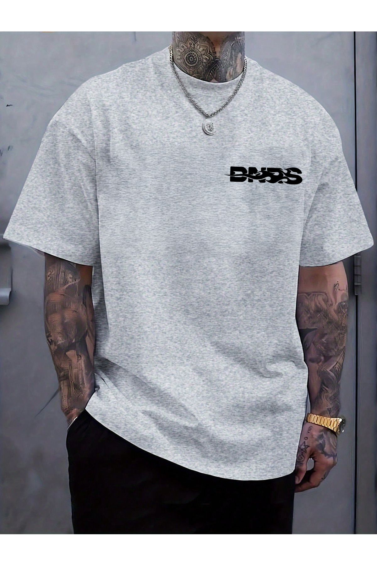 EFFRENATU DNRS Baskılı Pamuklu Kumaş Bisiklet Yaka Gri Kısa Kol Erkek T-shirt