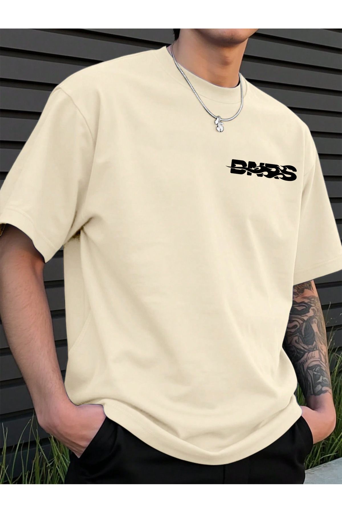 EFFRENATU DNRS Baskılı Pamuklu Kumaş Bisiklet Yaka Bej Kısa Kol Erkek T-shirt