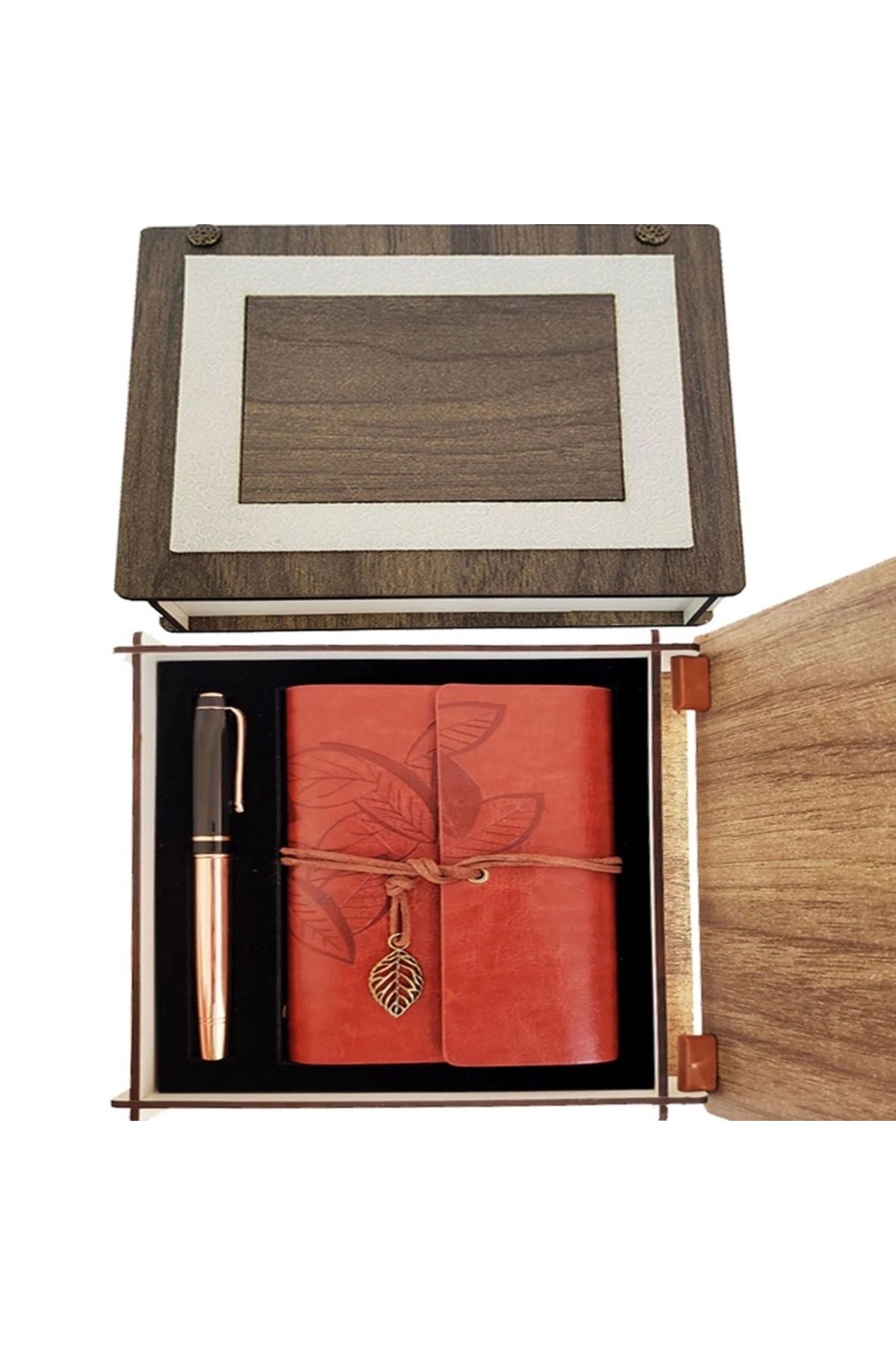 OurStyles Özel Ahşap Kutulu Kahve Deri Defter ve Bakır Roller Kalem Set