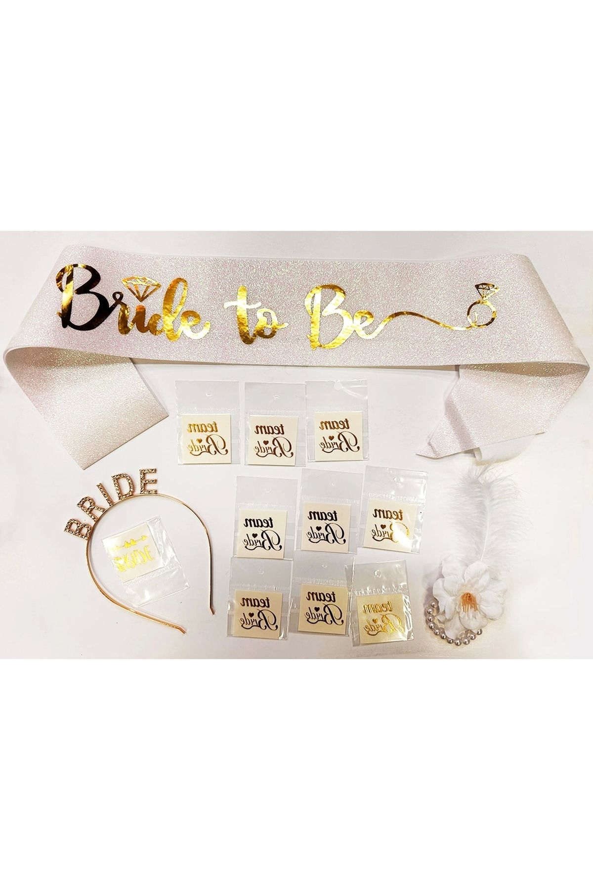 OurStyles Altın Renk Bride Partisi Taç Kuşak Dövme Bileklik Seti Full 13 Parça