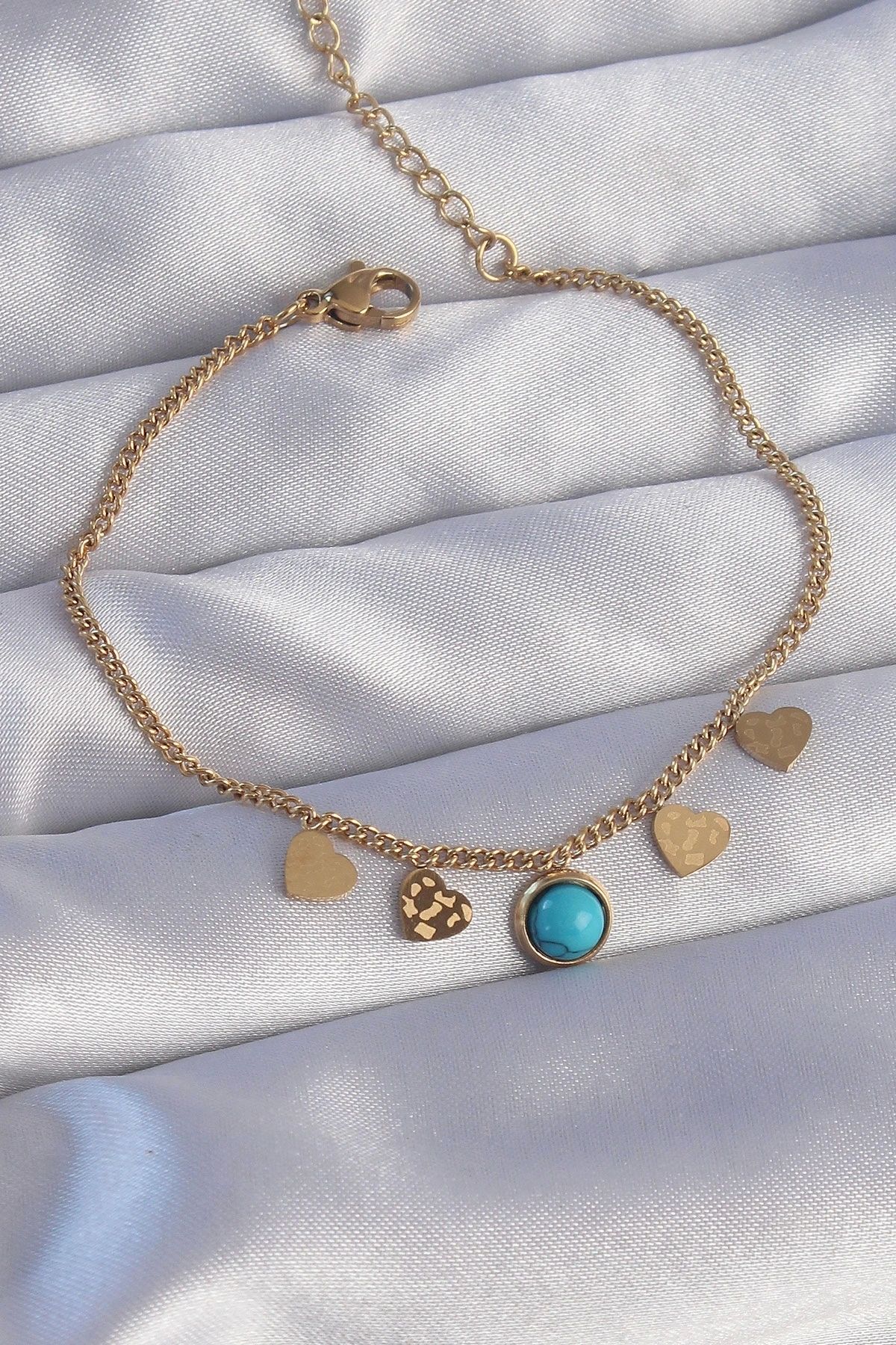 OurStyles 316L Çelik Gold Renk Minimal Kalpli Mavi Taş Detaylı Bileklik - TJ-BB6178