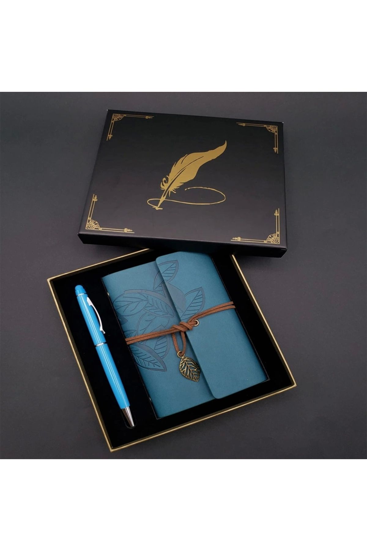 OurStyles Metal Kalem ve Mavi Deri Defter