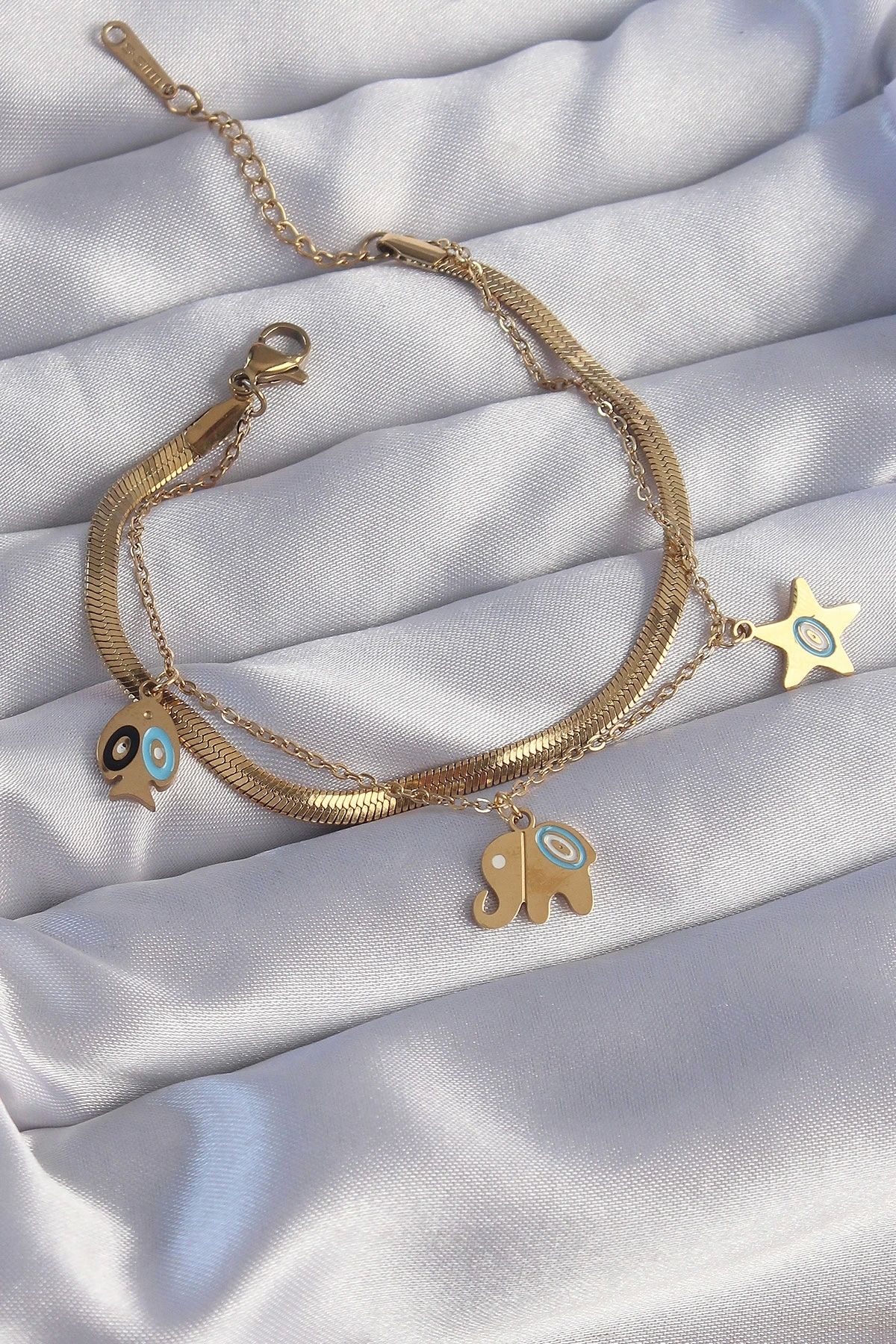 OurStyles 316L Çelik Gold Renk Çift Zincir Çoklu Aksesuarlı Bileklik - TJ-BB6180