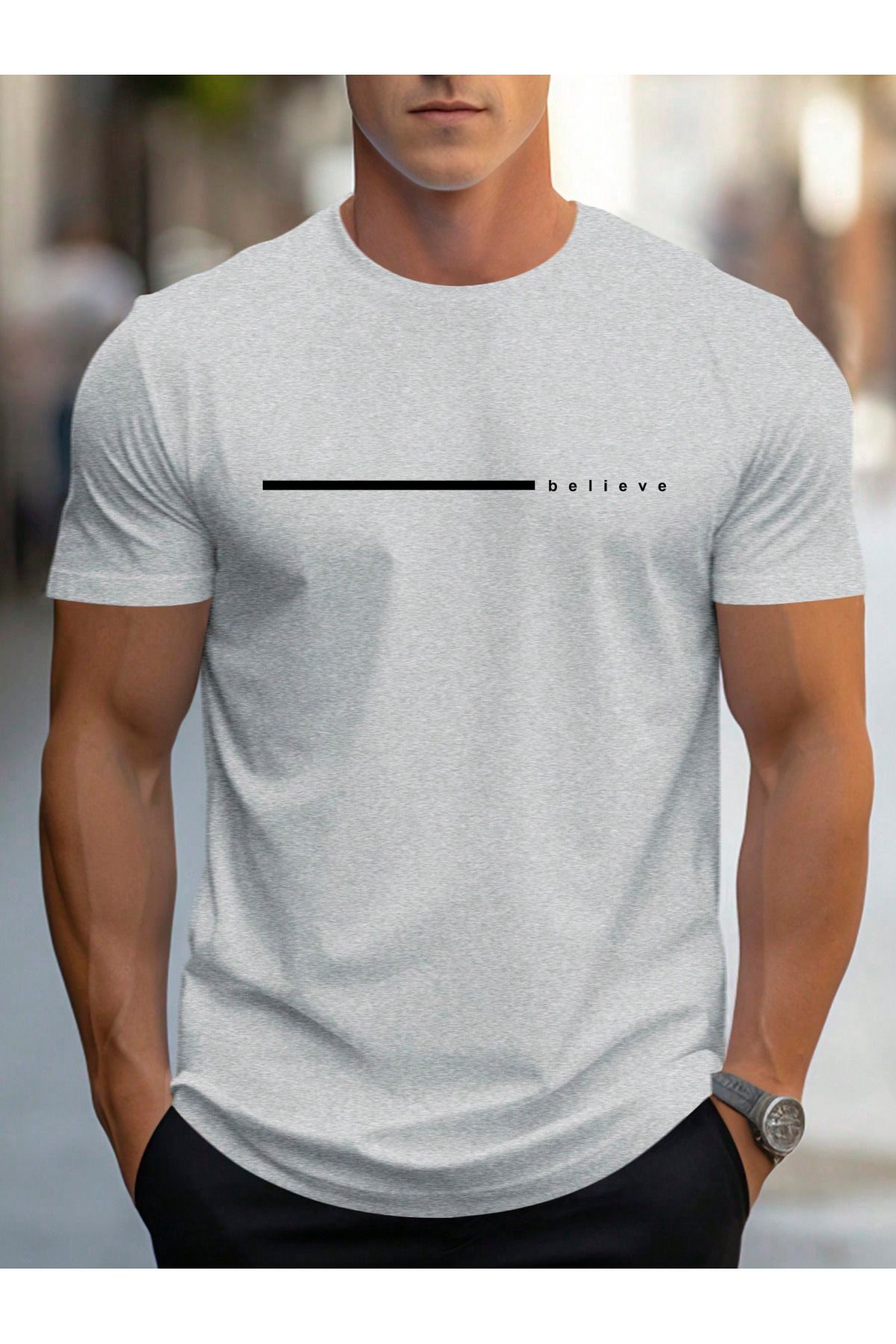 EFFRENATU İnanmak Baskılı Pamuklu Kumaş Bisiklet Yaka Gri Kısa Kol Erkek T-shirt