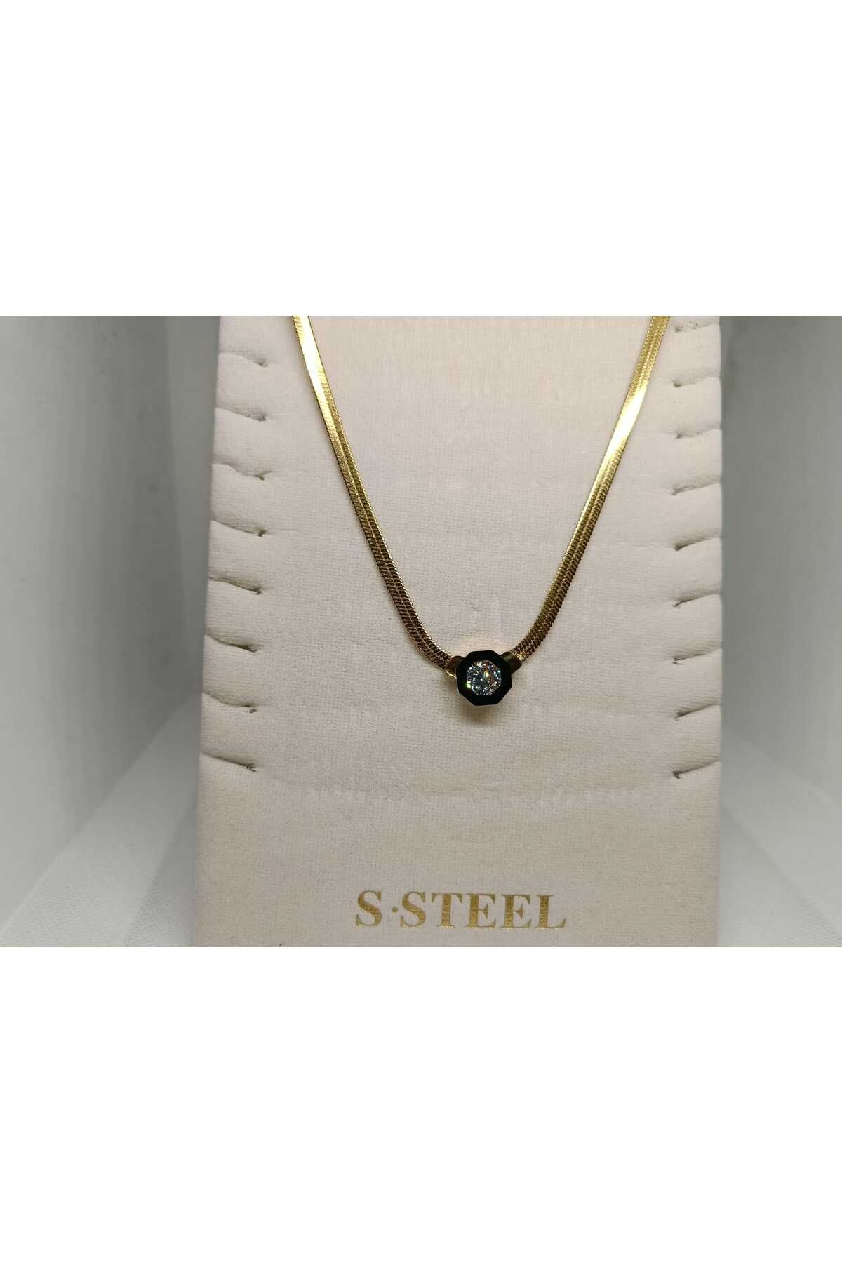 Store 316l Zirkon Taşlı Paslanmaz Çelik Gold Kolye