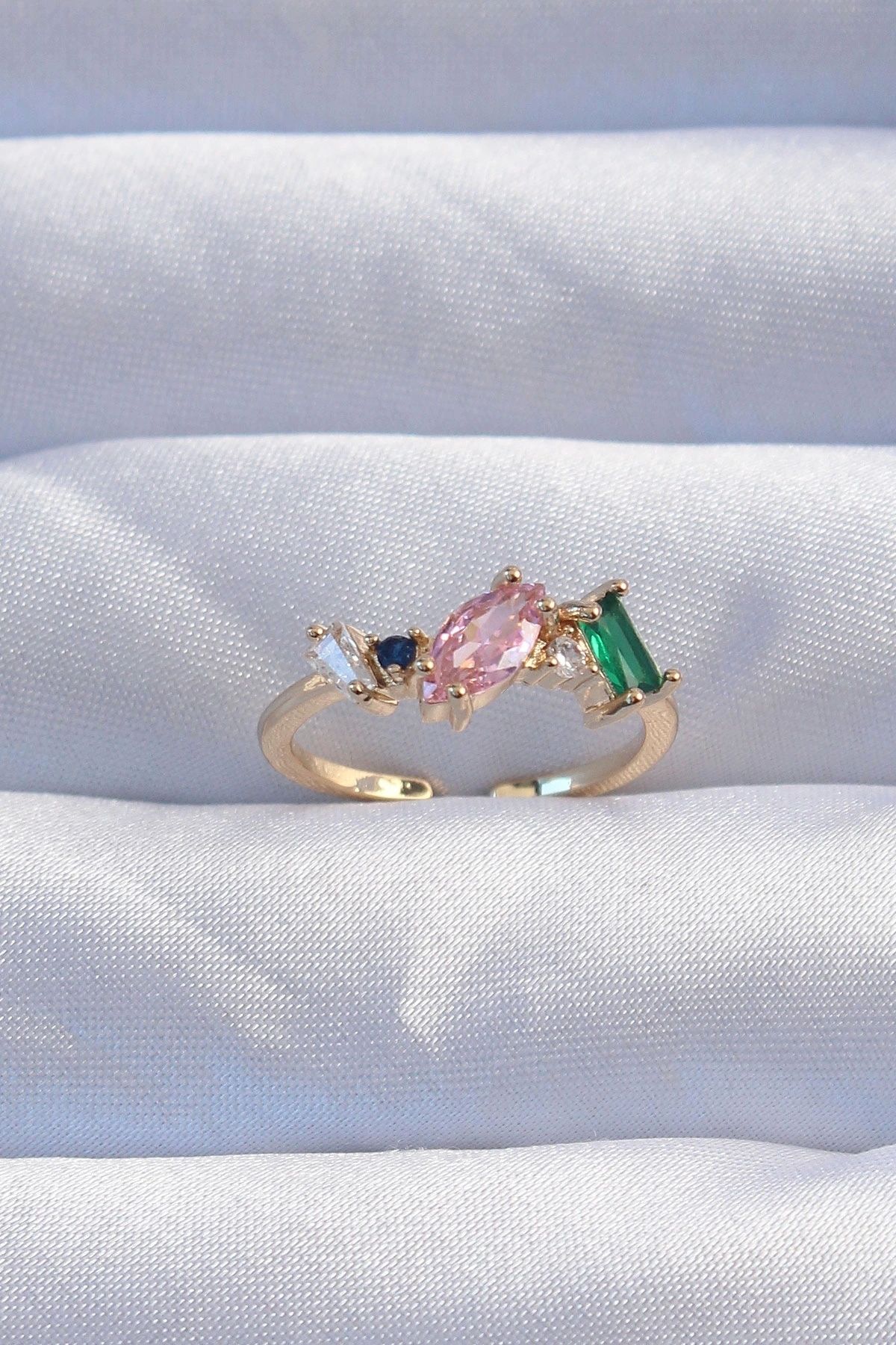 OurStyles Pirinç Gold Renk Renkli Zirkon Taşlı Ayarlanabilir Yüzük - TJ-BYK3237