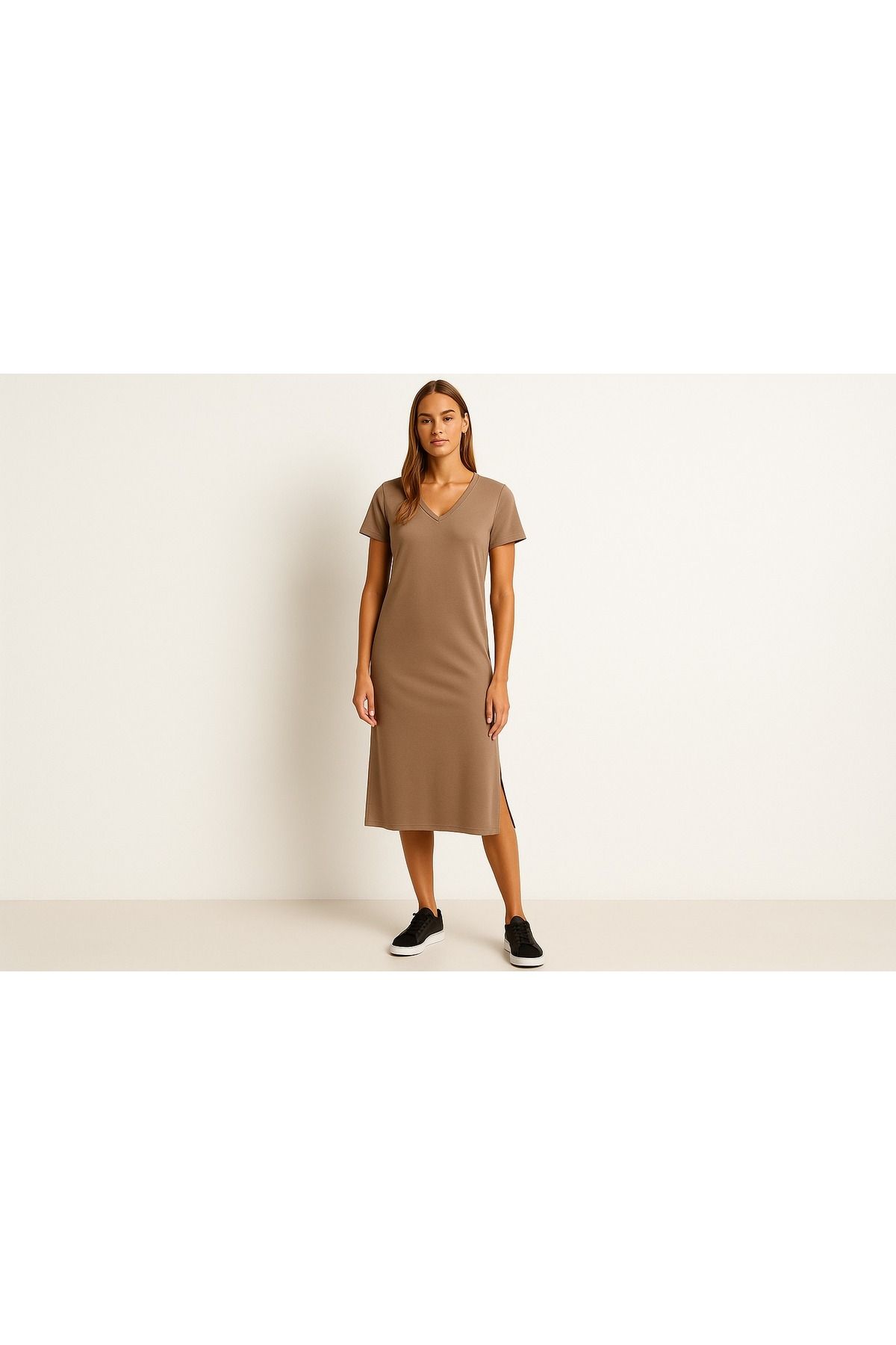 fashionlabstore V yaka yırtmaç detaylı midi elbise