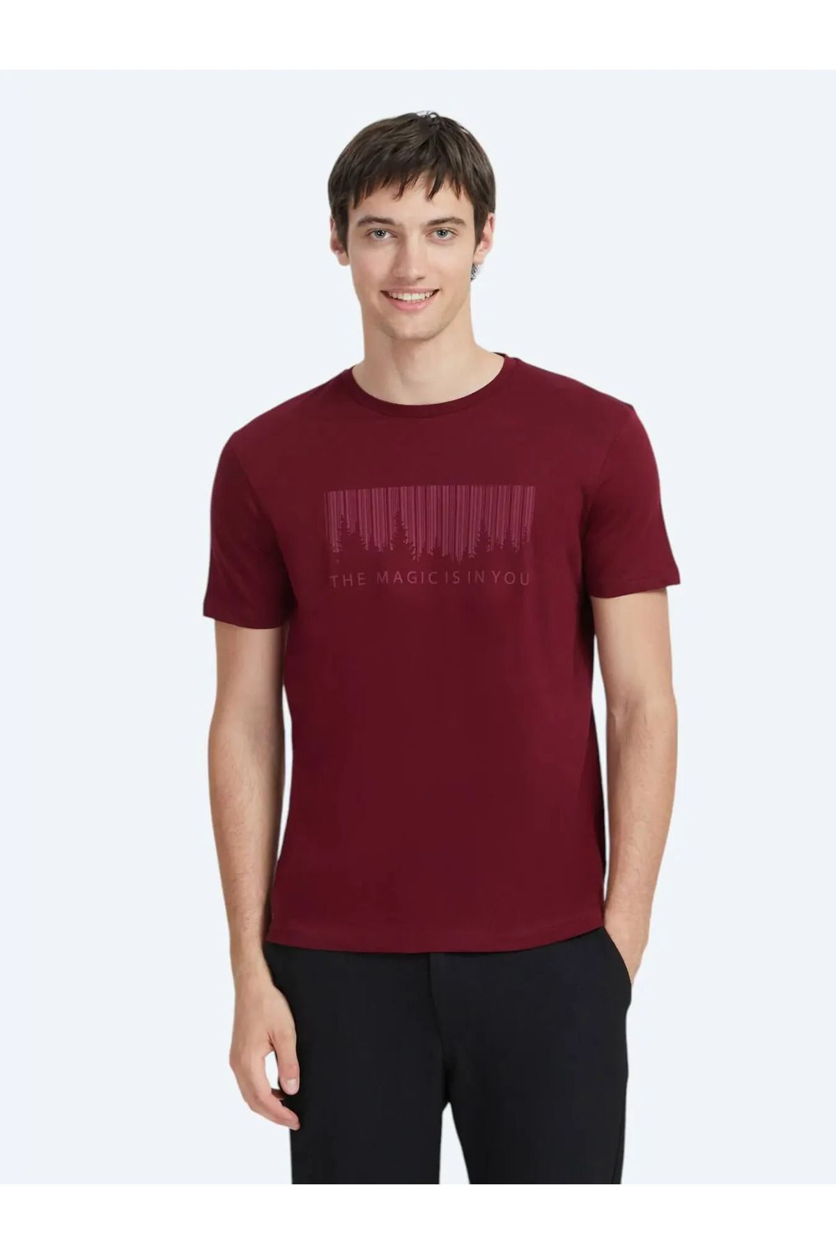 Kip Bordo Baskılı Bisiklet Yaka %100 Pamuk T-Shirt