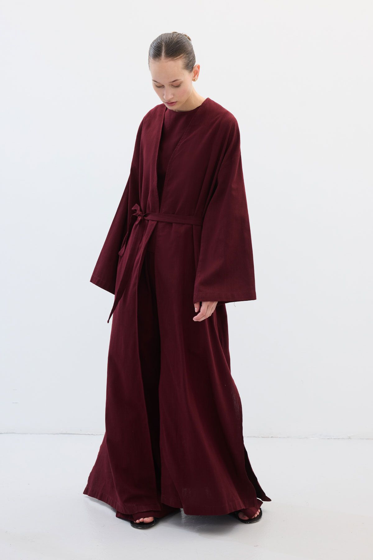 Hooopstore Kemerli Uzun Kimono Bordo Pantolon Takım