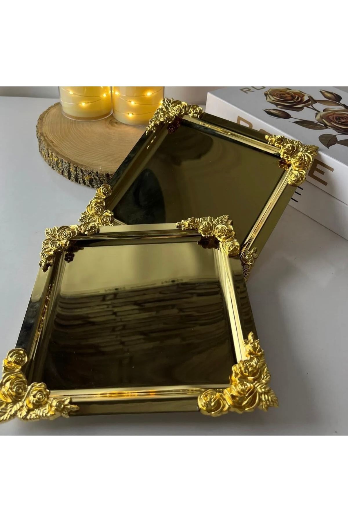 Elzemm store 2 ADET ÇELİK GOLD KARE MODEL GOLD DÖRT KÖŞE AKSESUARLI SERVİS TEPSİSİ ÇAY KAHVE