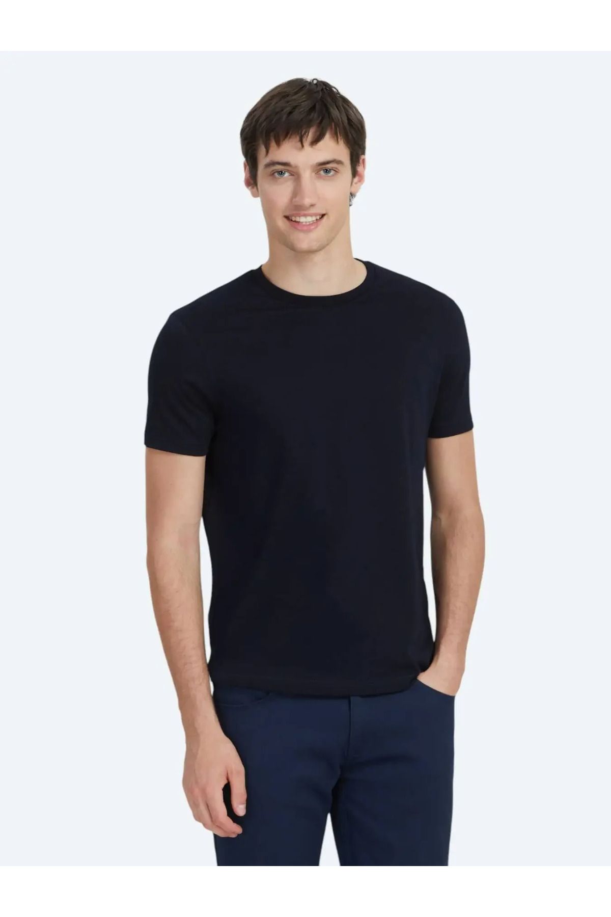 Kip Lacivert Düz Bisiklet Yaka %100 Pamuk T-Shirt